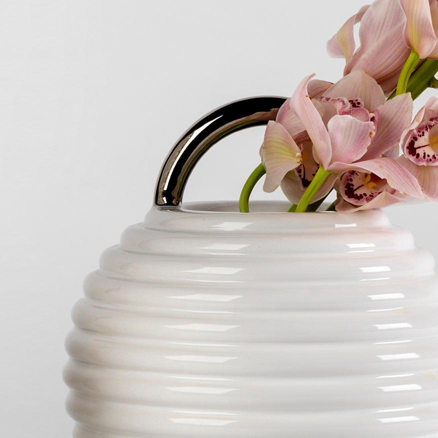 Spanish Stephen Burks Contemporary Ceramic Vase in White and Gold Grasso Lines