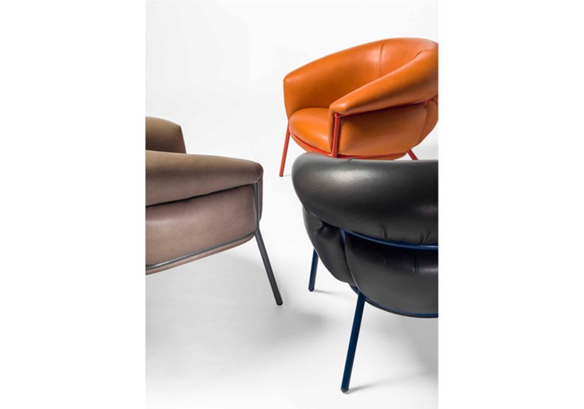 Lacquered Stephen Burks Contemporary Grasso Leather Armchair and Foot Stool