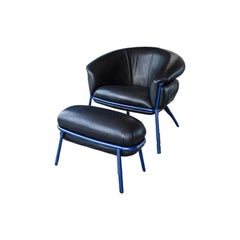 Stephen Burks Contemporary Grasso Leather Armchair and Foot Stool