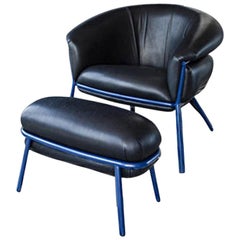 Stephen Burks Contemporary Grasso Leather Armchair and Foot Stool