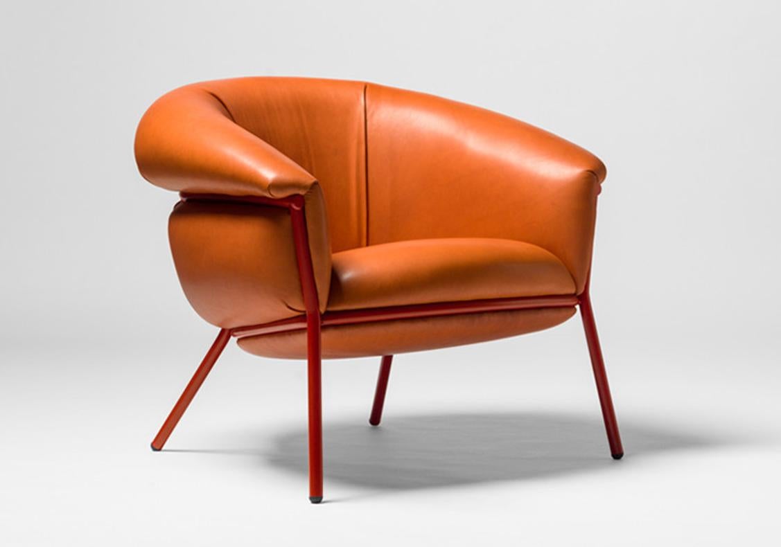 Modern Stephen Burks Contemporary Grasso Orange Leather Armchair and Foot Stool For Sale