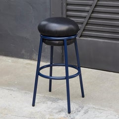 Stephen Burks Grasso, Black Leather, Blue Lacquered Metal Stool