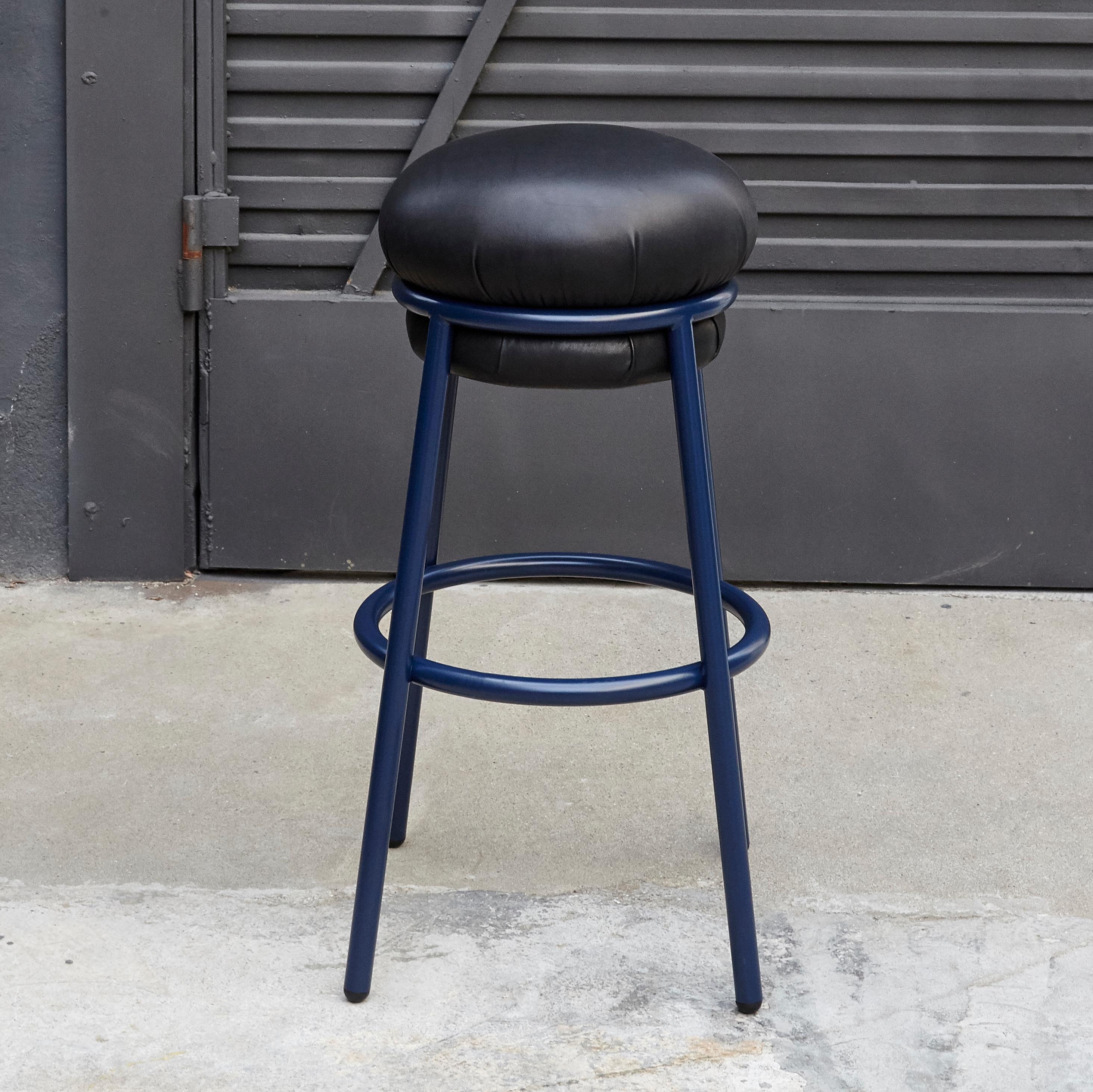 Organic Modern Stephen Burks Grasso, Black Leather, Blue Lacquered Metal Stool  For Sale
