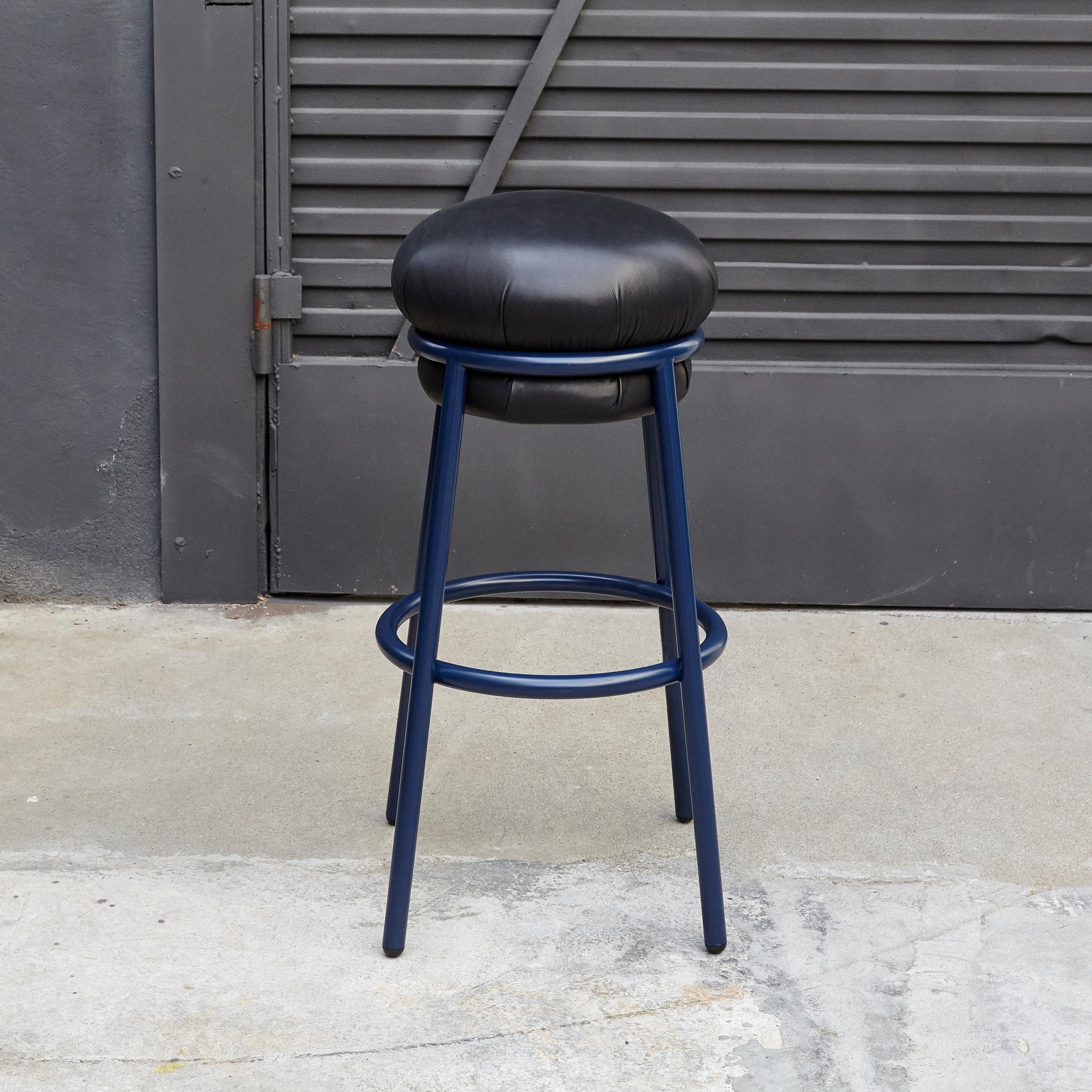 Spanish Stephen Burks Grasso, Black Leather, Blue Lacquered Metal Stool  For Sale