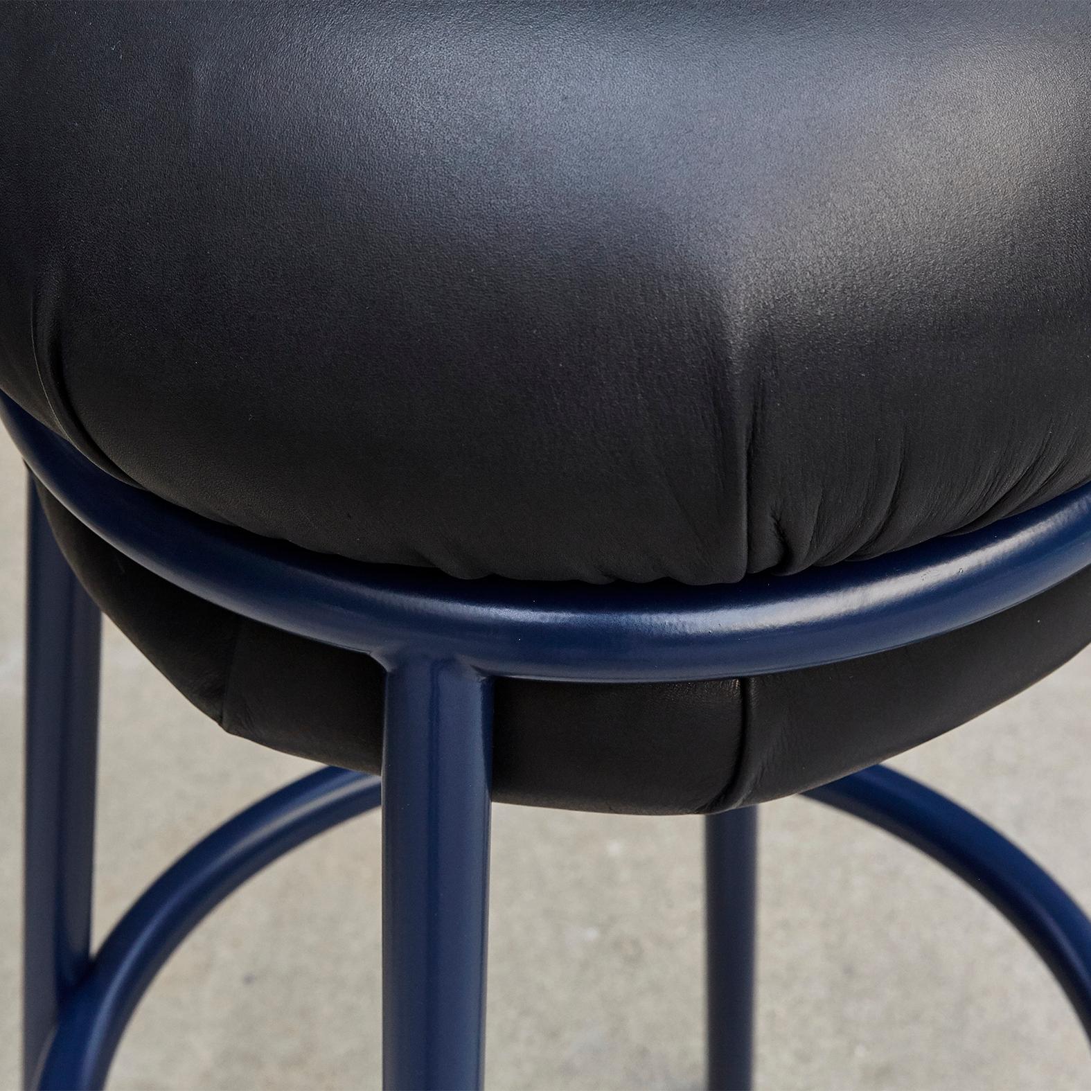 Contemporary Stephen Burks Grasso, Black Leather, Blue Lacquered Metal Stool  For Sale