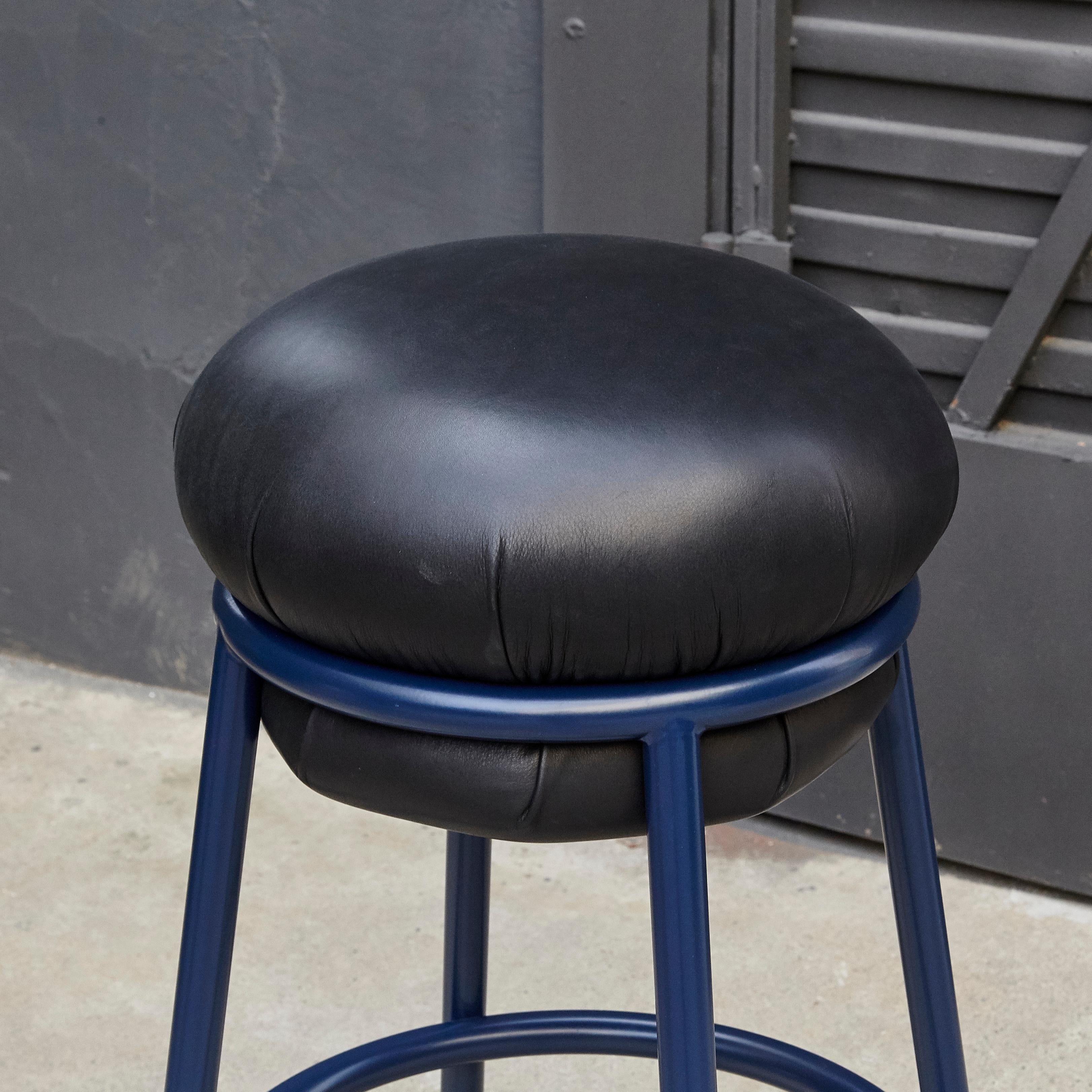 Stephen Burks Grasso, Black Leather, Blue Lacquered Metal Stool  For Sale 2