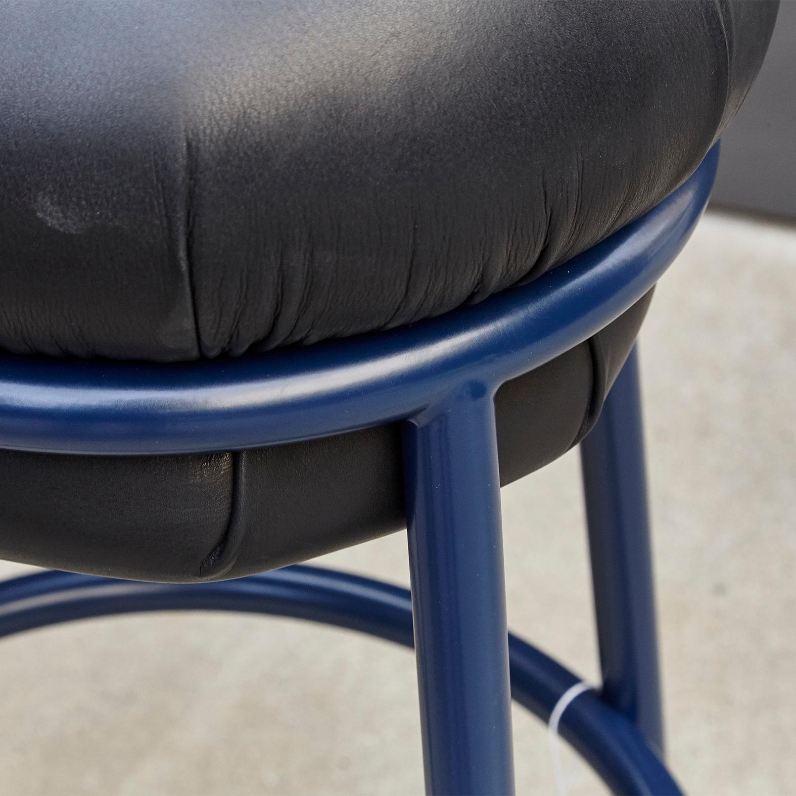 Stephen Burks Grasso, Black Leather, Blue Lacquered Metal Stool  For Sale 3