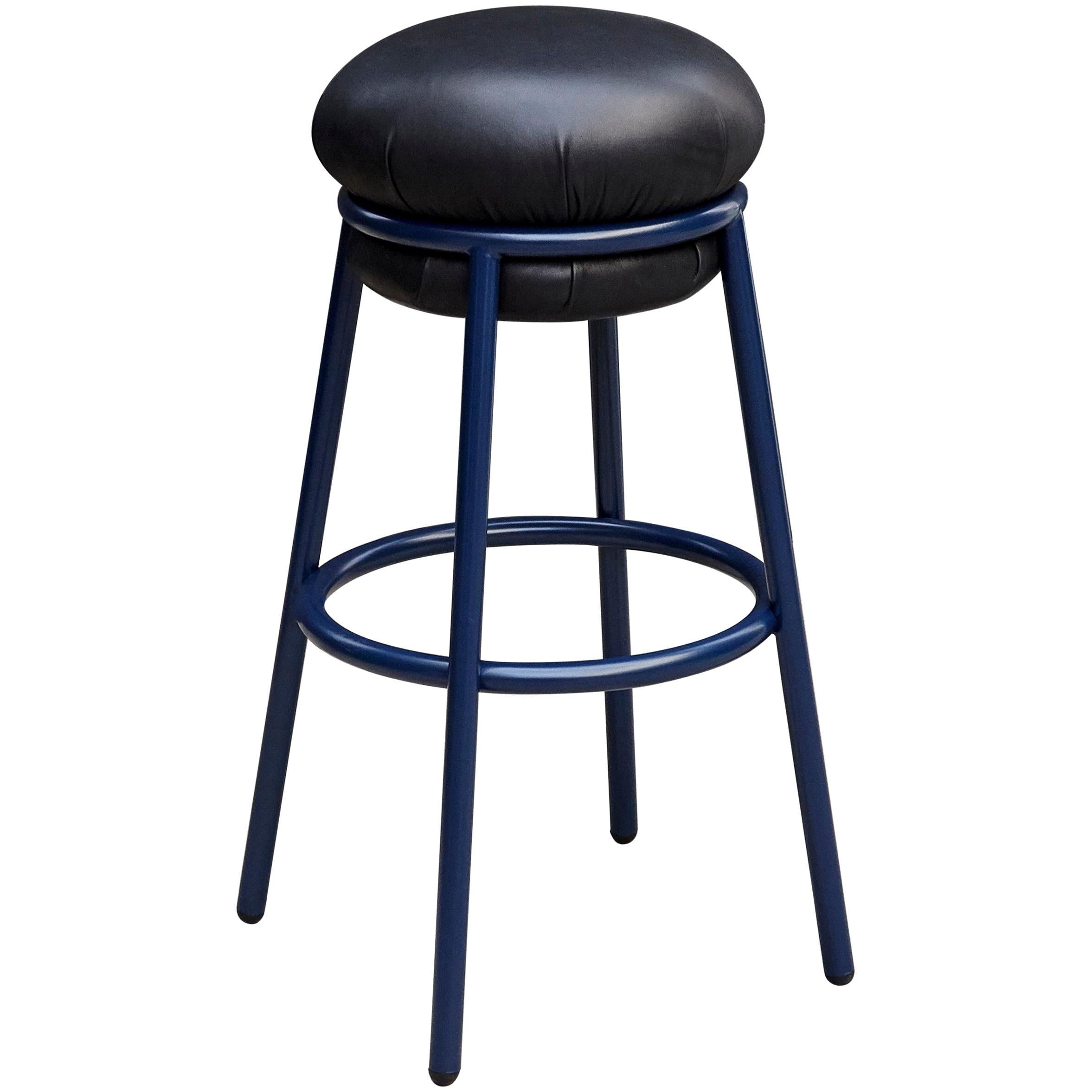 Stephen Burks Grasso, Black Leather, Blue Lacquered Metal Stool  For Sale