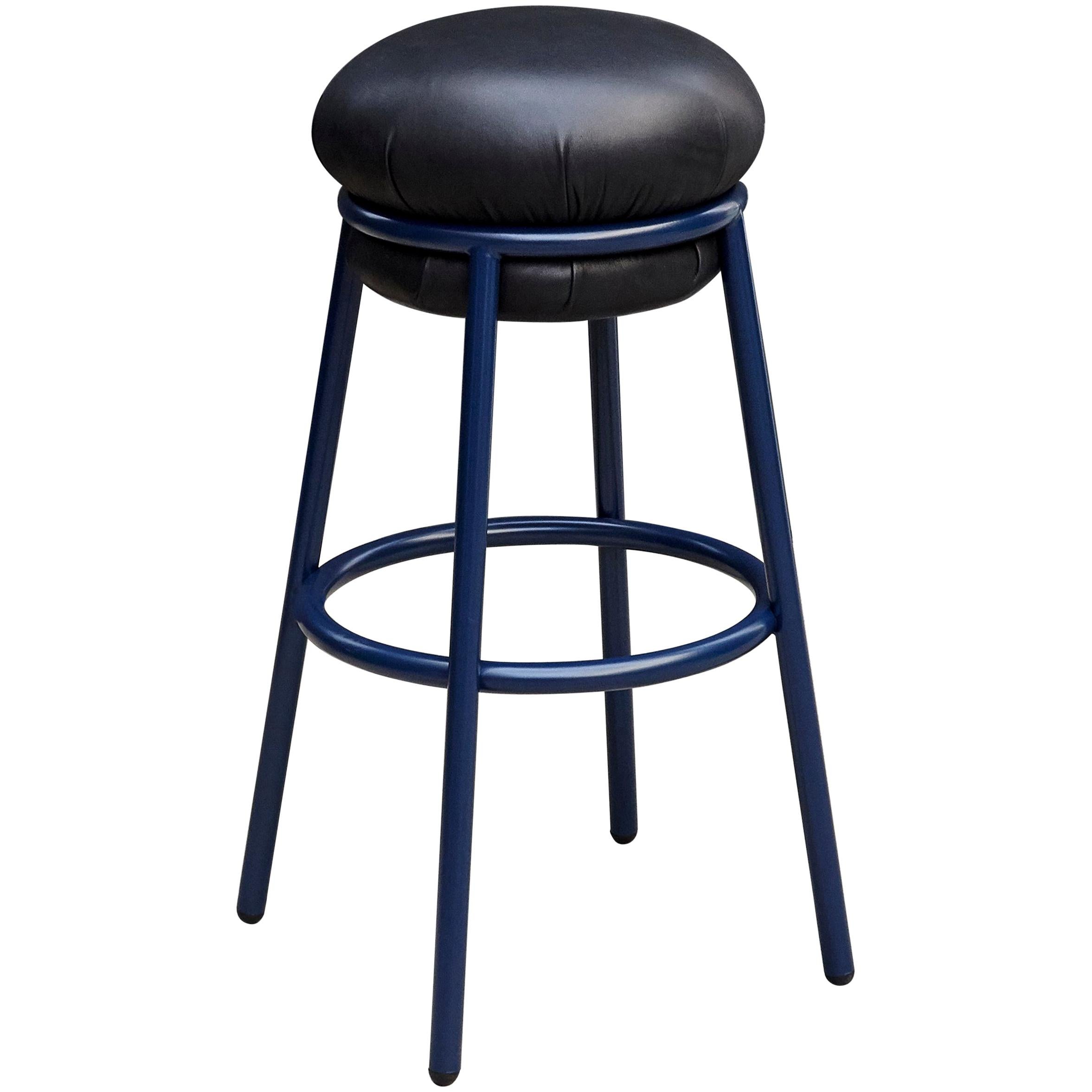Stephen Burks Grasso, Black Leather, Blue Lacquered Metal Stool