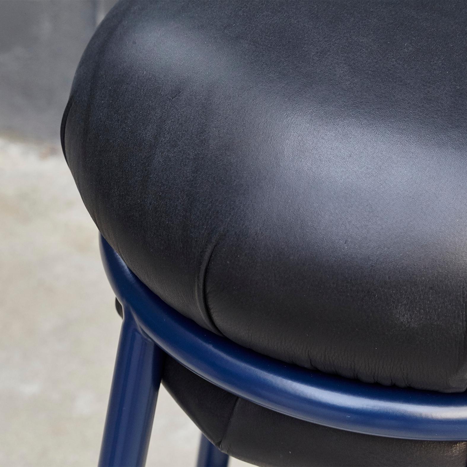Stephen Burks Grasso, Black Leather, Blue Lacquered Metal Stool  4