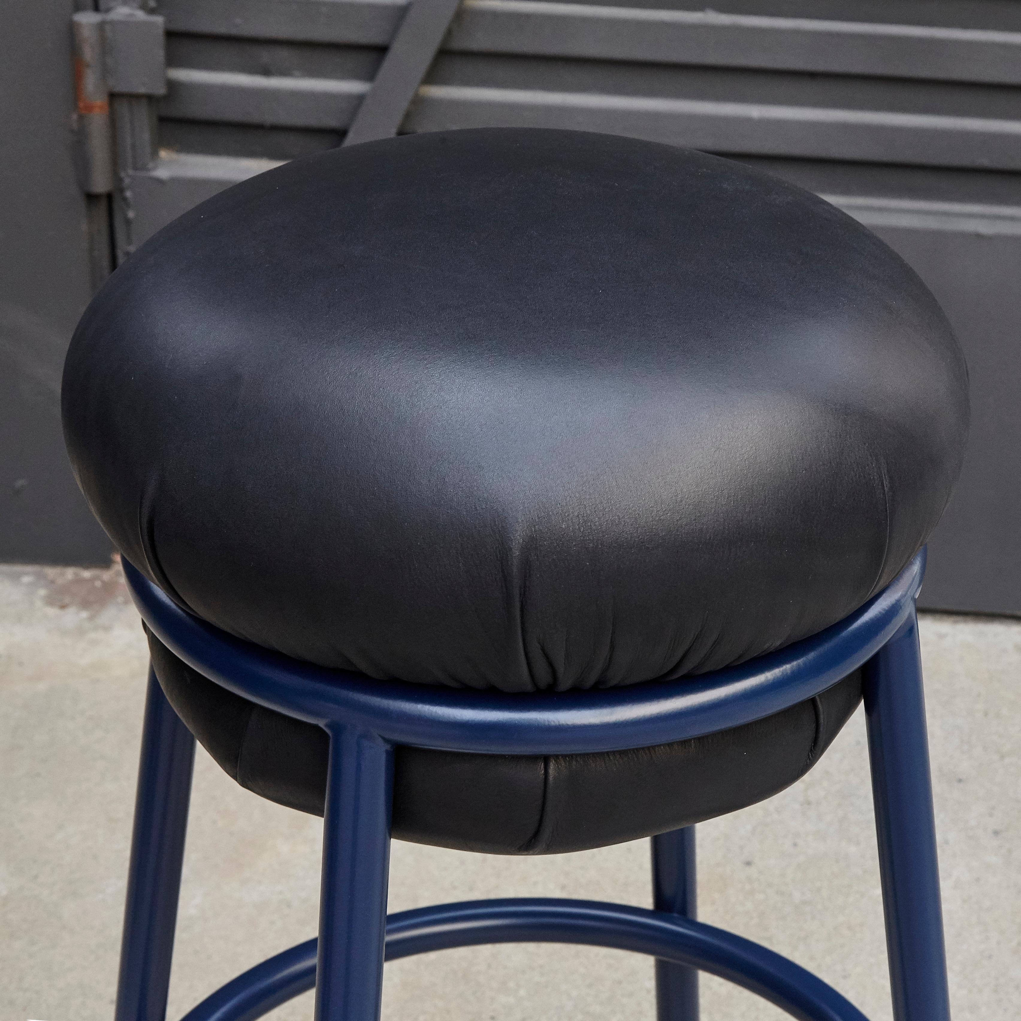 Stephen Burks Grasso, Black Leather, Blue Lacquered Metal Stool  In Good Condition In Barcelona, Barcelona