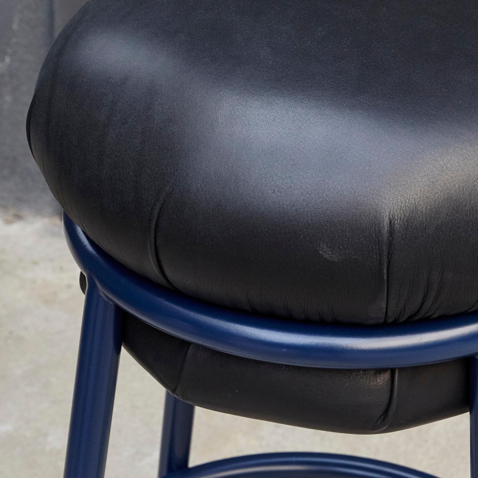 Stephen Burks Grasso, Black Leather, Blue Lacquered Metal Stool  1