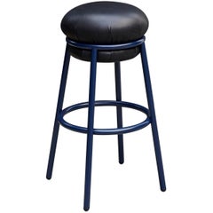 Stephen Burks Grasso, Black Leather, Blue Lacquered Metal Stool 