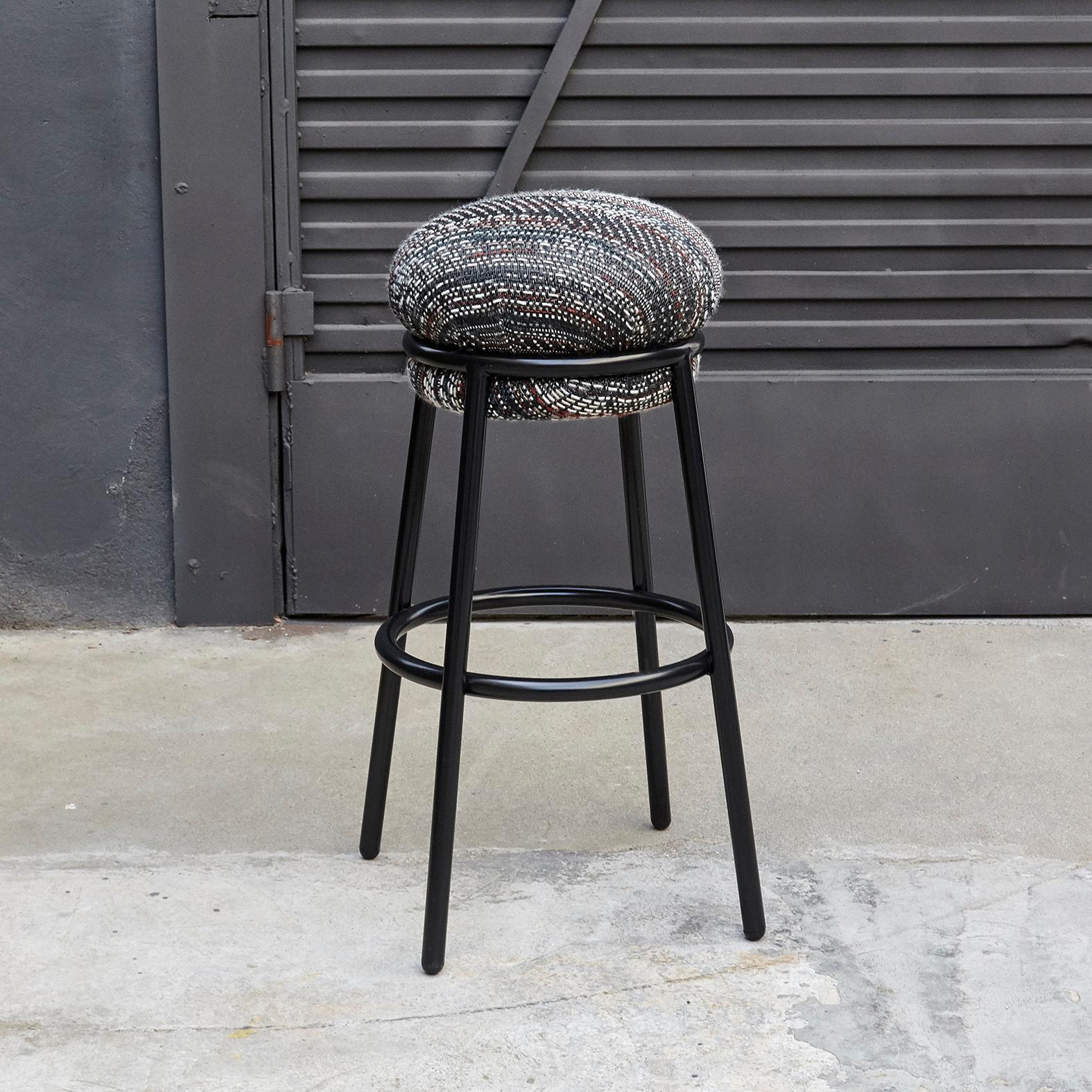 Modern Stephen Burks Grasso Contemporary Fabric Upholstery, Blac Lacquered Metal Stool