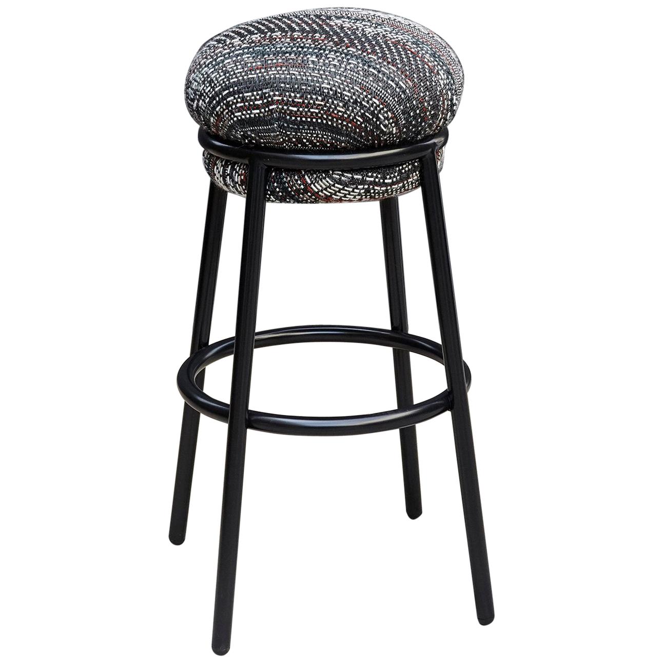 Stephen Burks Grasso Contemporary Fabric Upholstery, Blac Lacquered Metal Stool 