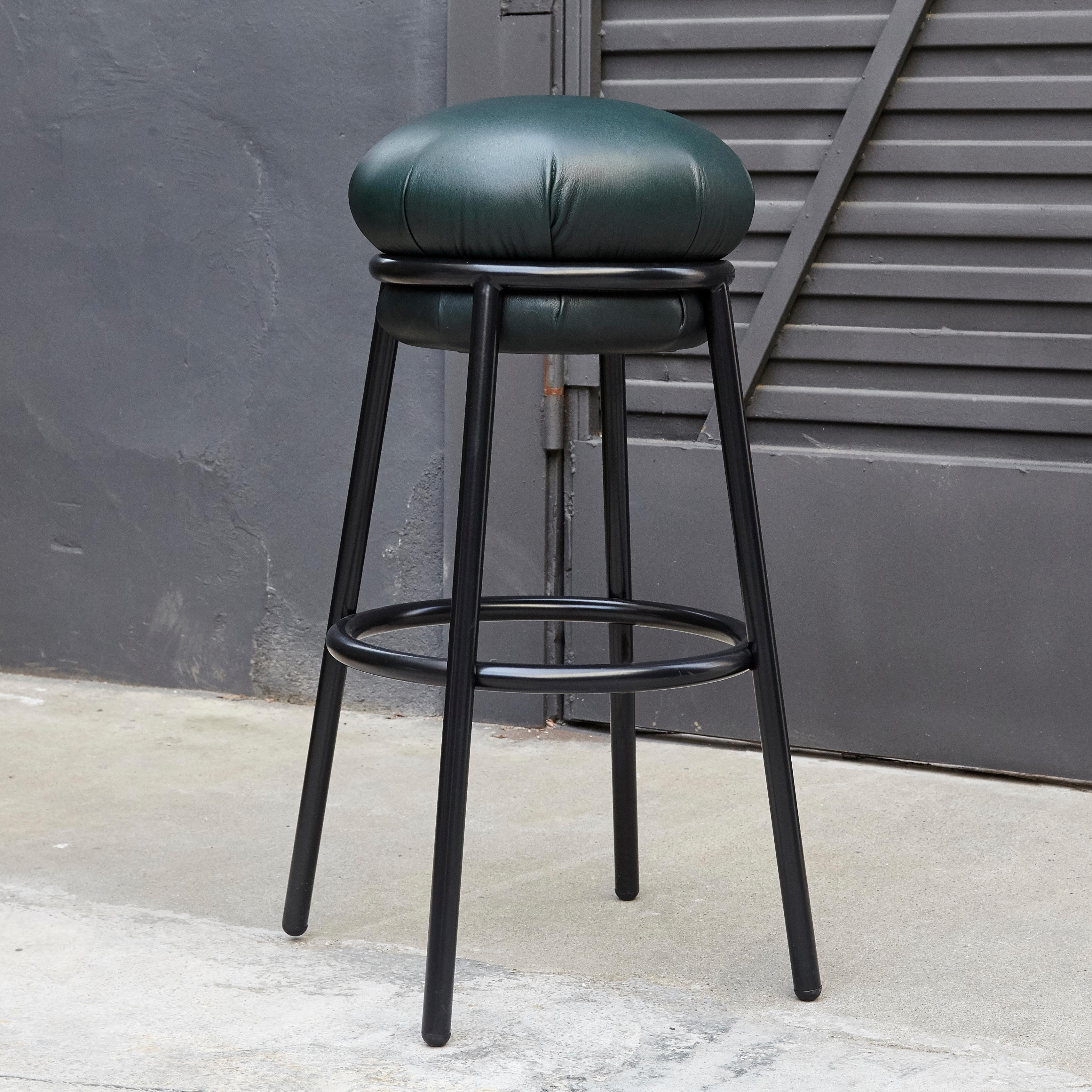 Organic Modern Stephen Burks Grasso Contemporary Green Leather, Black Lacquered Metal Stool