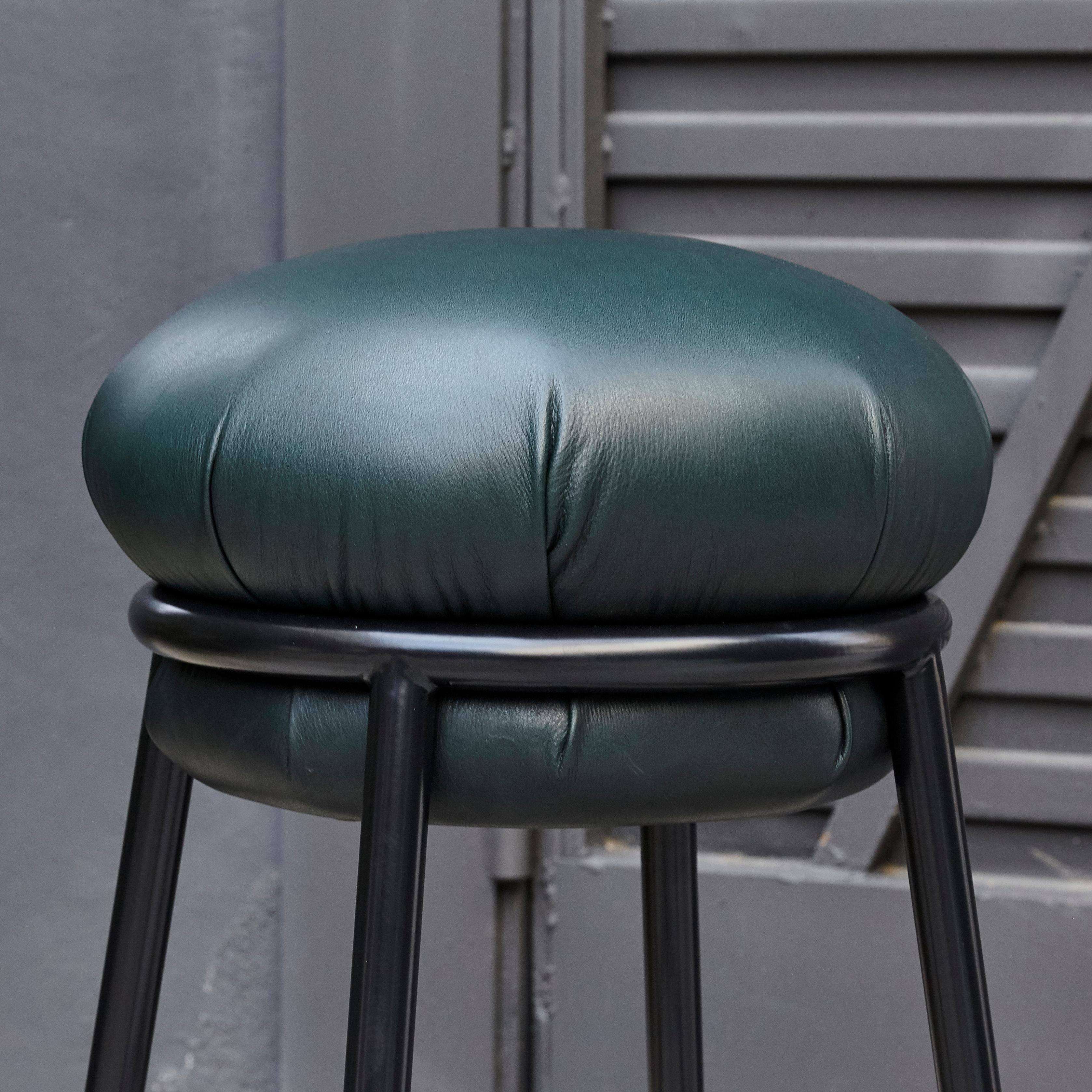 Spanish Stephen Burks Grasso Contemporary Green Leather, Black Lacquered Metal Stool