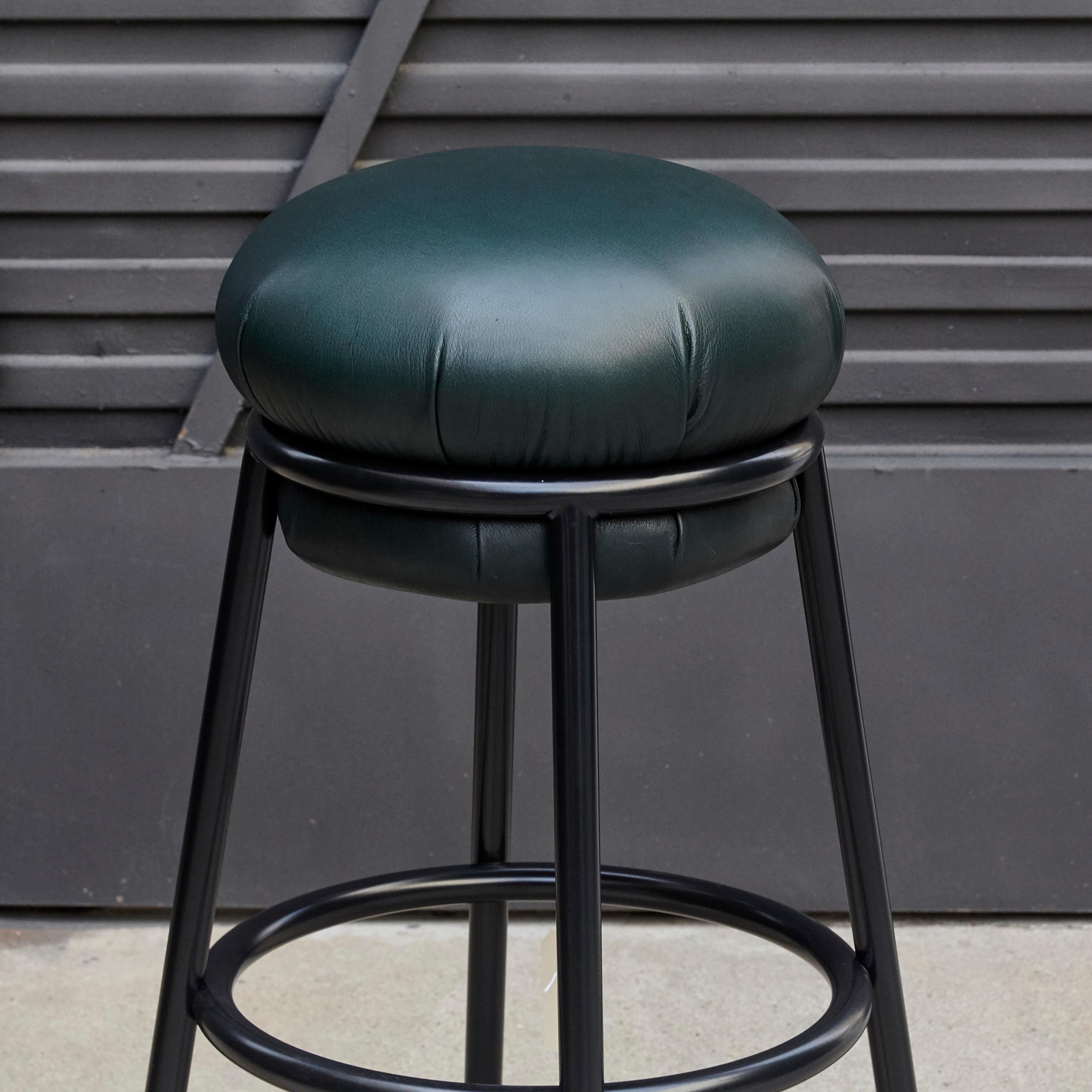 Iron Stephen Burks Grasso Contemporary Green Leather, Black Lacquered Metal Stool