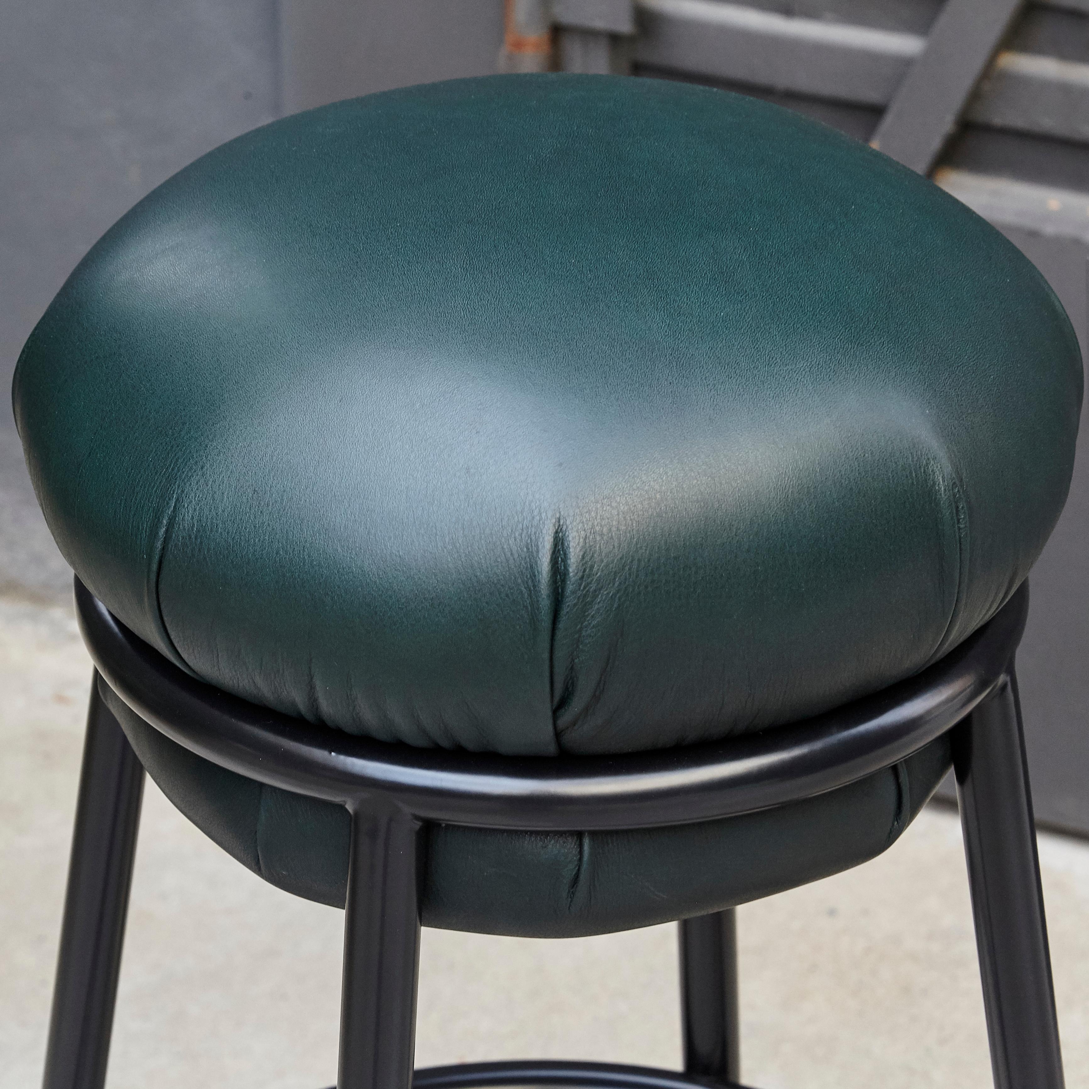 Contemporary Stephen Burks Grasso Green Leather, Black Lacquered Metal Stool For Sale