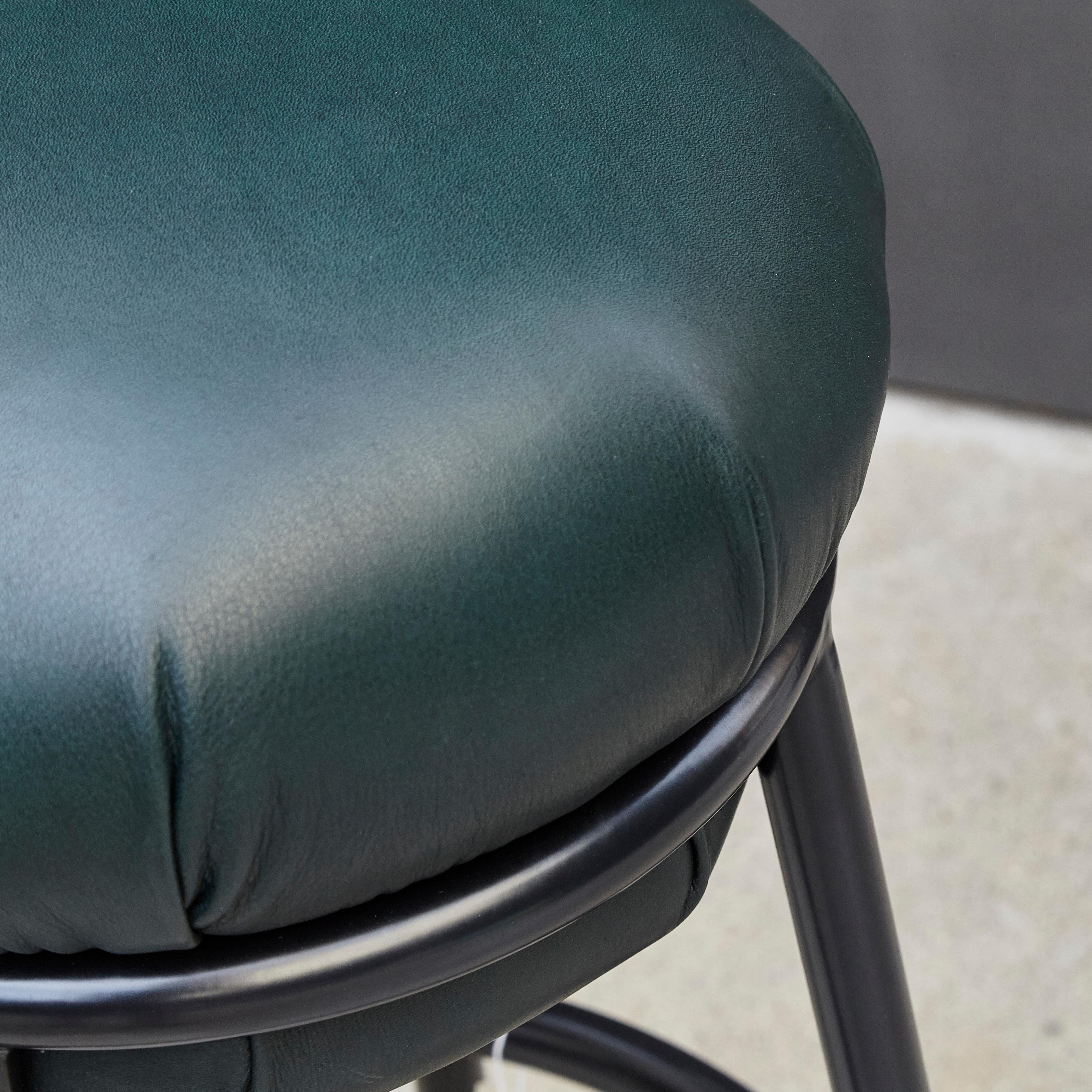 Iron Stephen Burks Grasso Green Leather, Black Lacquered Metal Stool For Sale
