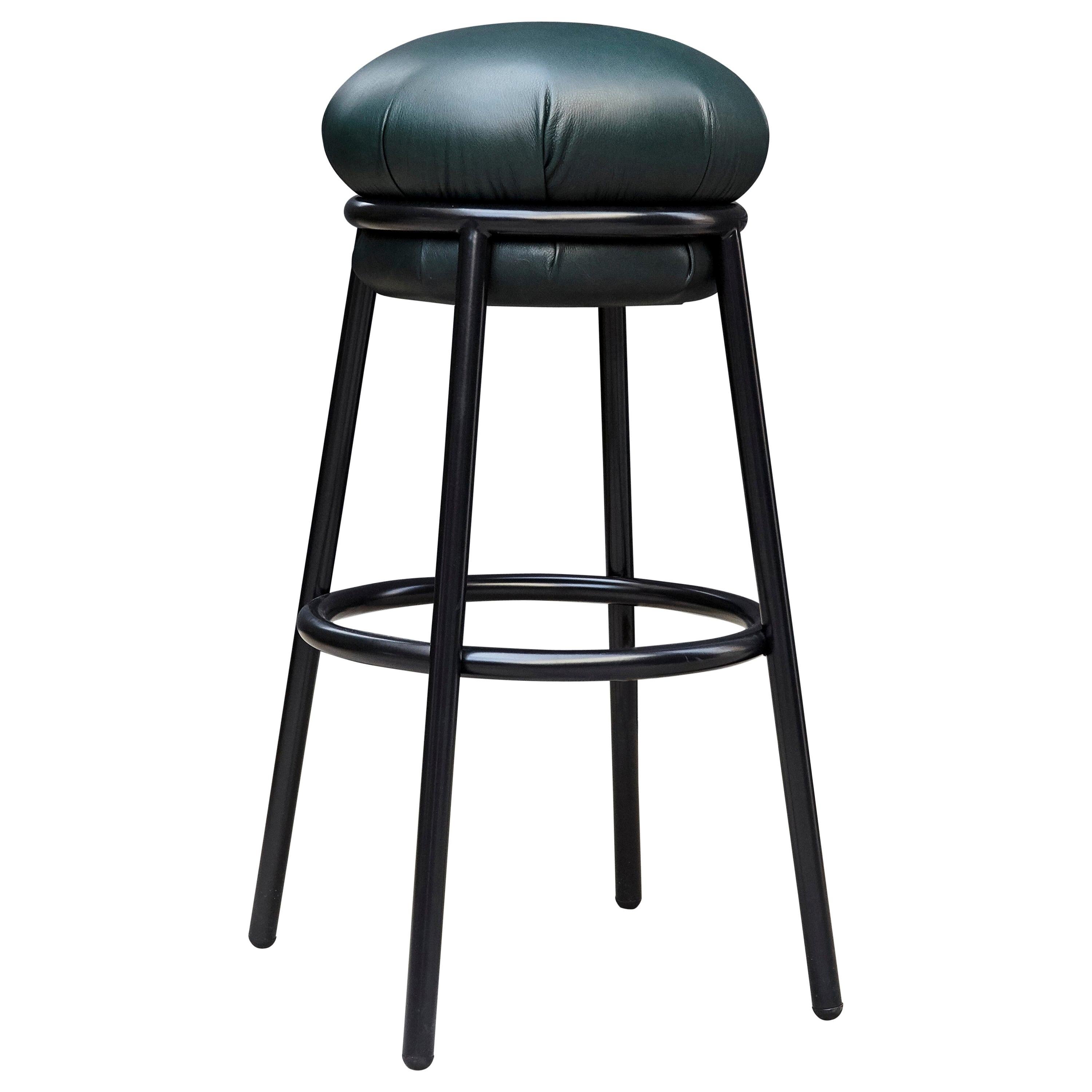 Stephen Burks Grasso Contemporary Green Leather, Black Lacquered Metal Stool