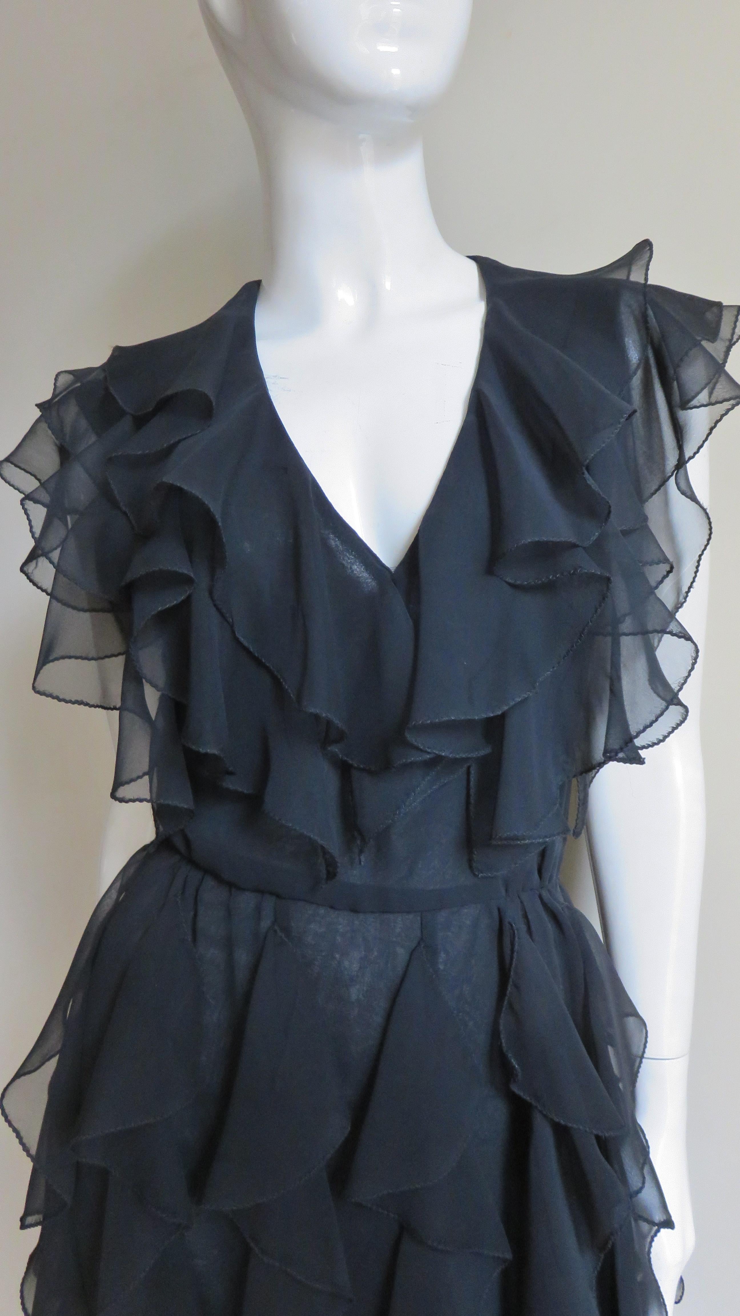 Black Stephen Burrows 1970s Ruffle Maxi Dress