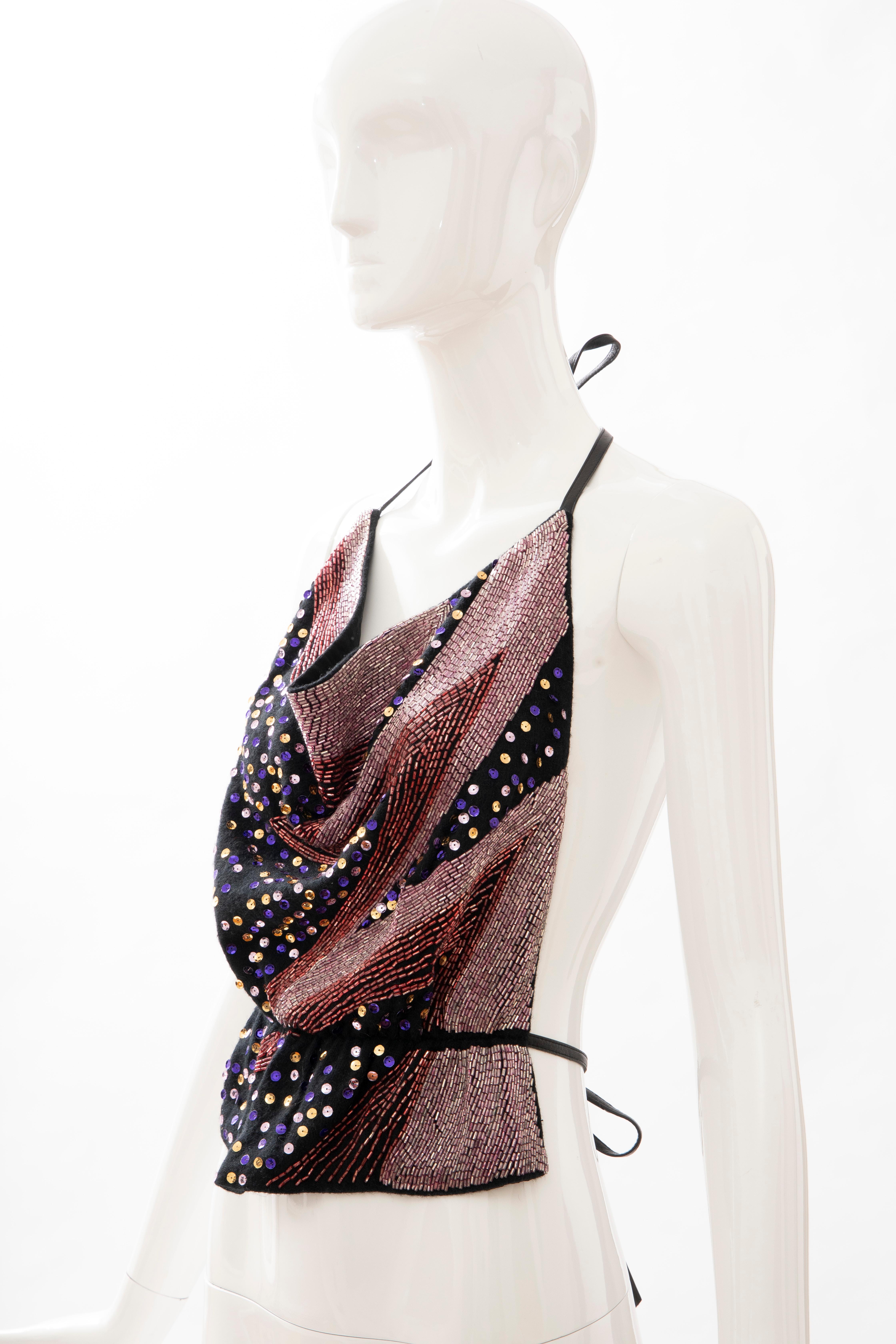 Stephen Burrows Black Wool Jersey Bugle Beads Sequins Halter Top, Circa: 1970's 7