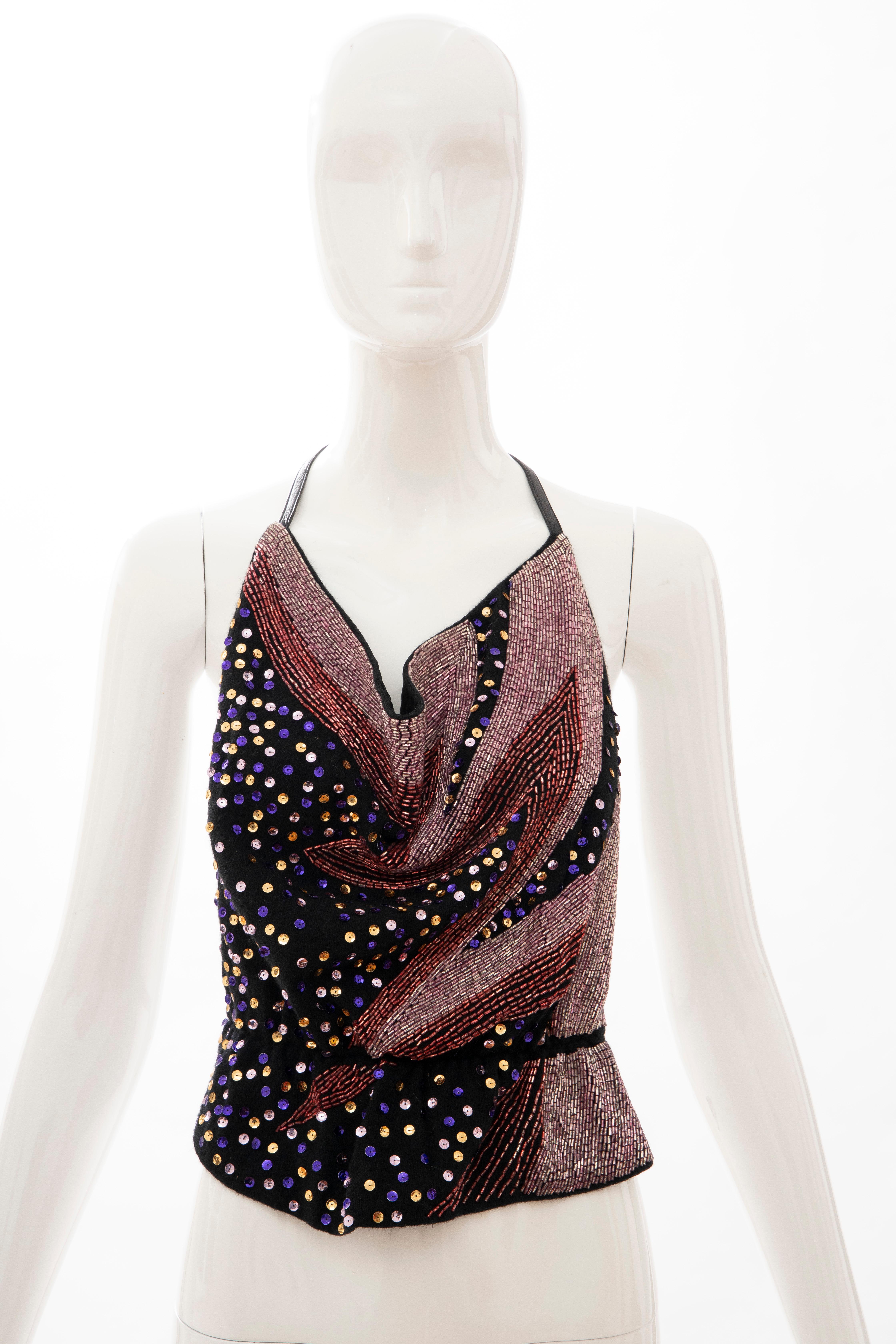 Stephen Burrows Black Wool Jersey Bugle Beads Sequins Halter Top, Circa: 1970's 10