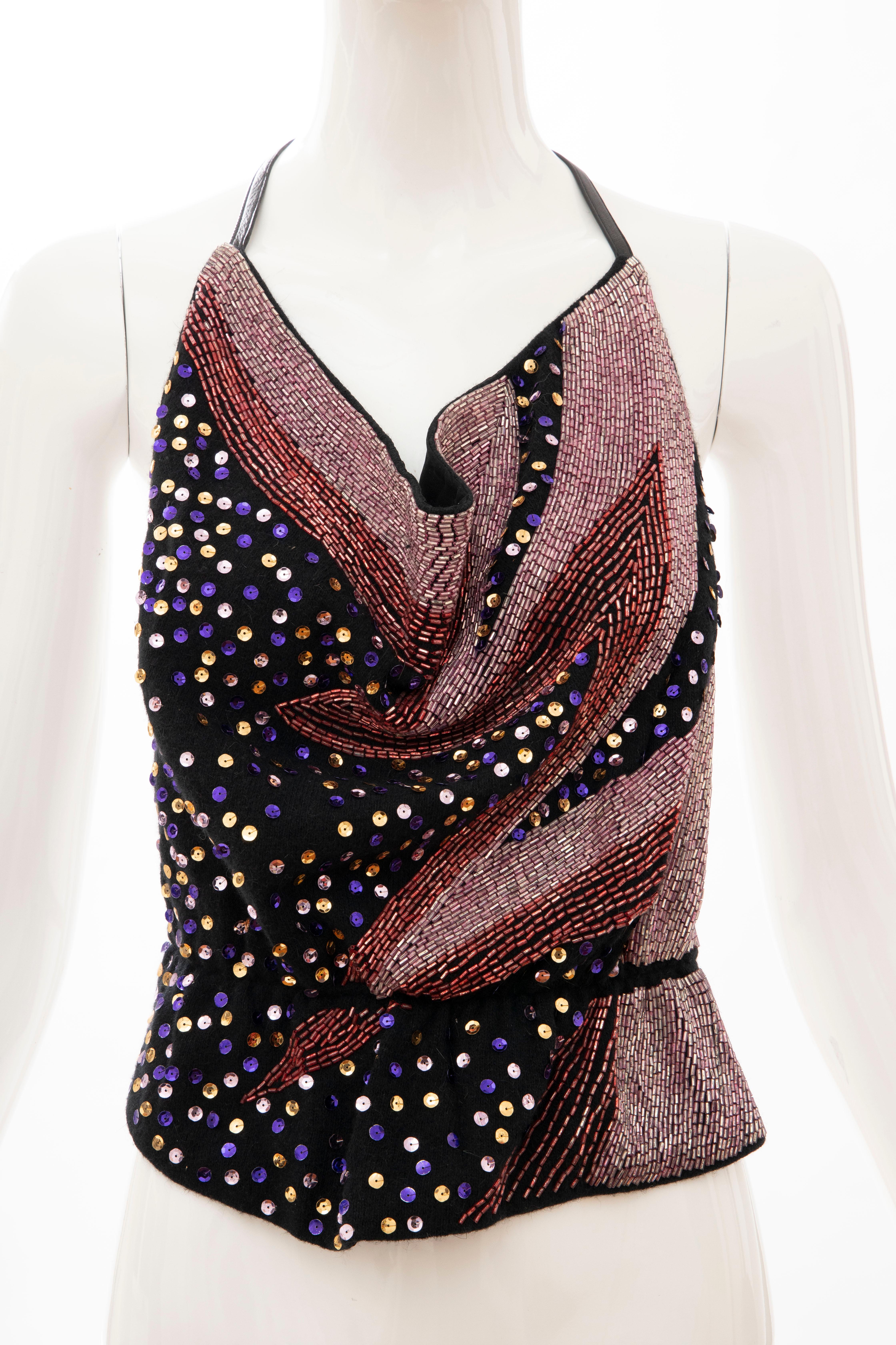 Stephen Burrows Black Wool Jersey Bugle Beads Sequins Halter Top, Circa: 1970's In Excellent Condition In Cincinnati, OH