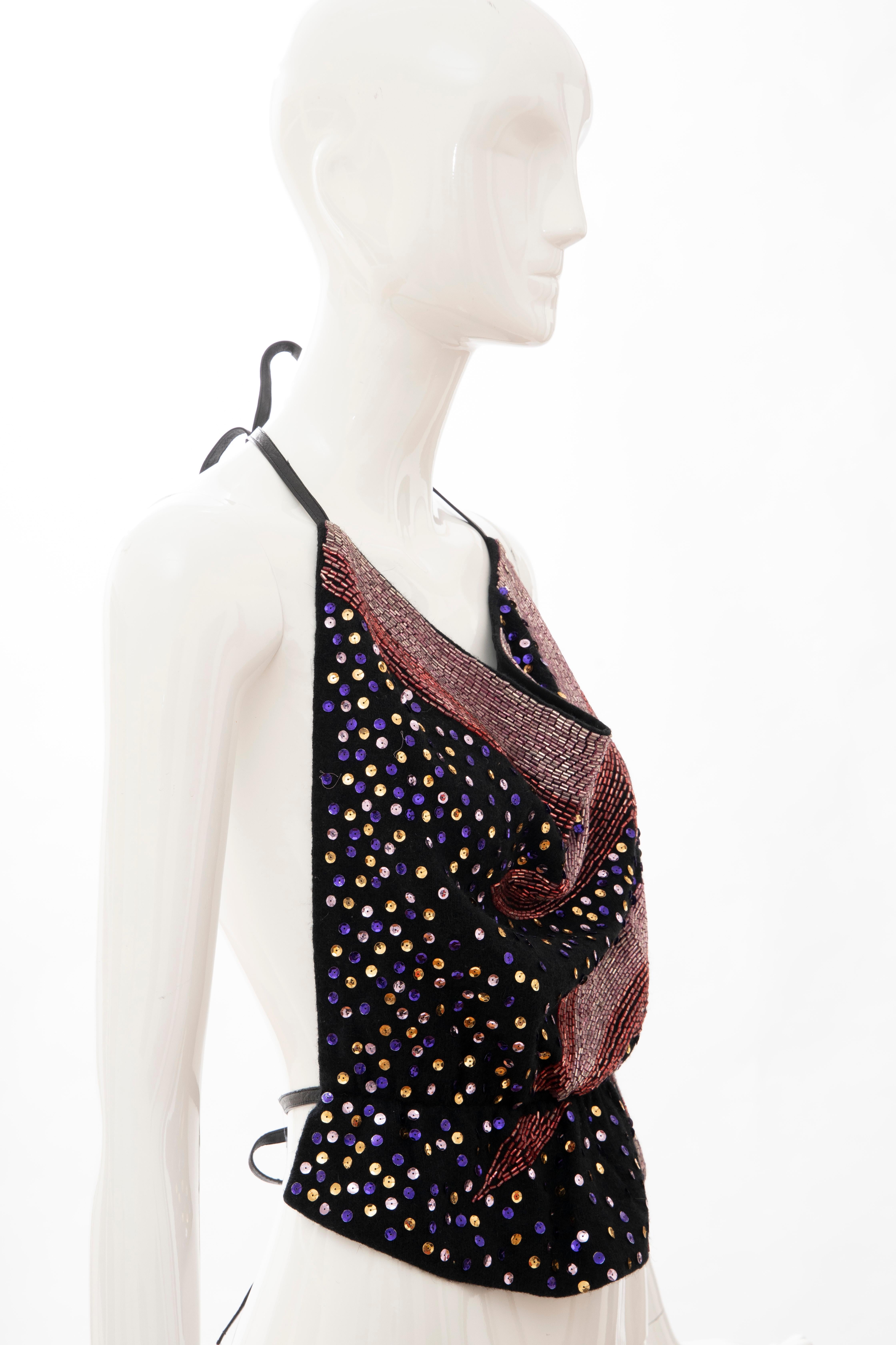 Stephen Burrows Black Wool Jersey Bugle Beads Sequins Halter Top, Circa: 1970's 1