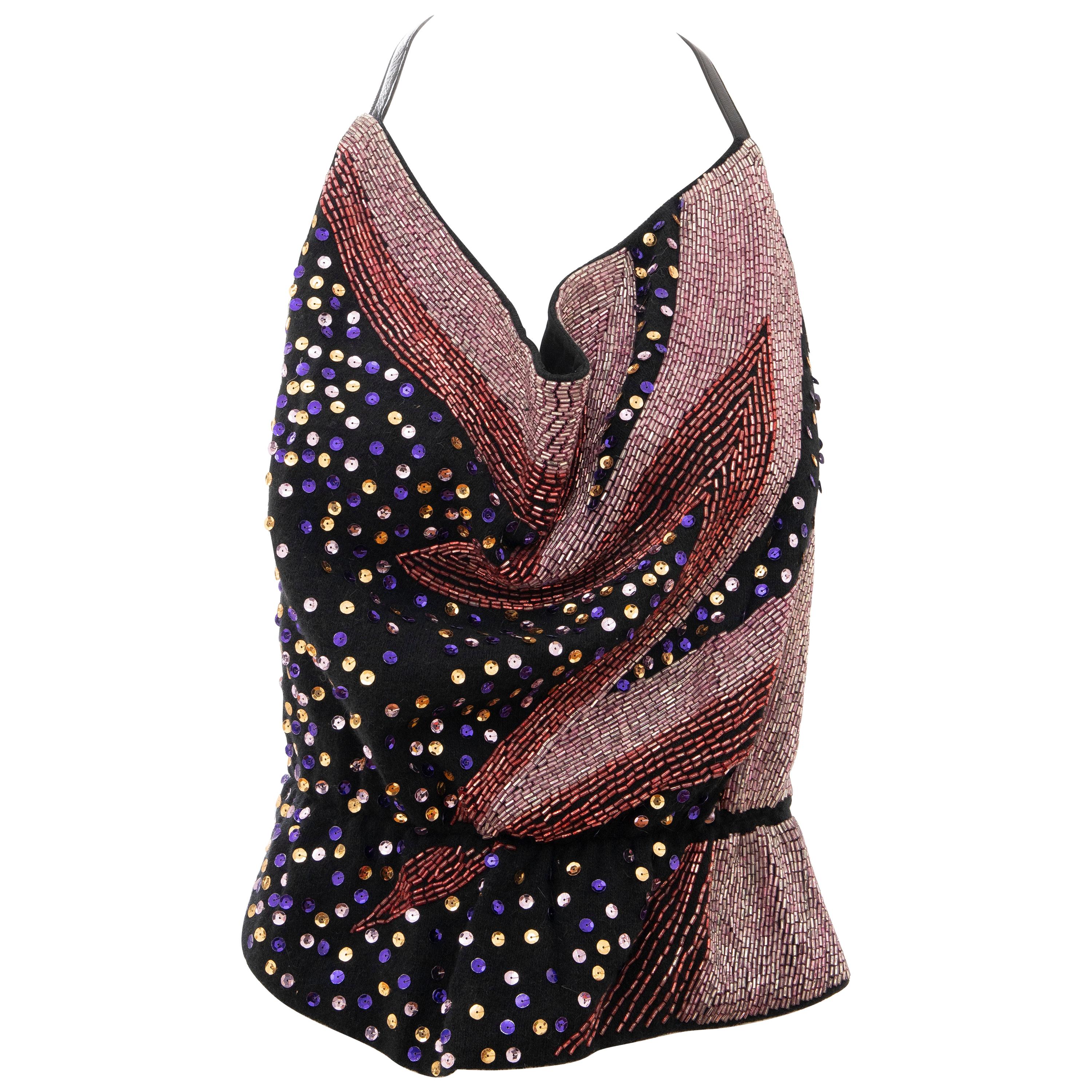 Stephen Burrows Black Wool Jersey Bugle Beads Sequins Halter Top, Circa: 1970's