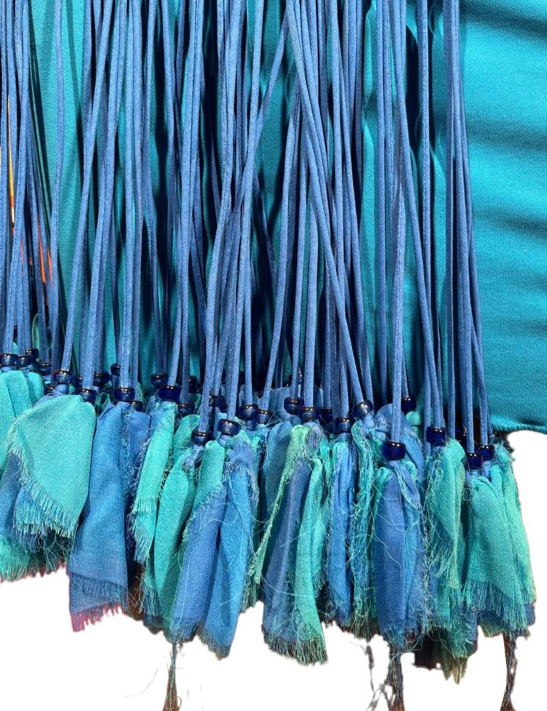 Stephen Burrows Bright Cerulean Blue Jersey, Taffeta and Chiffon Tassel Dress For Sale 3