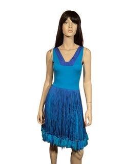 Stephen Burrows Bright Cerulean Blue Jersey, Taffeta and Chiffon Tassel Dress