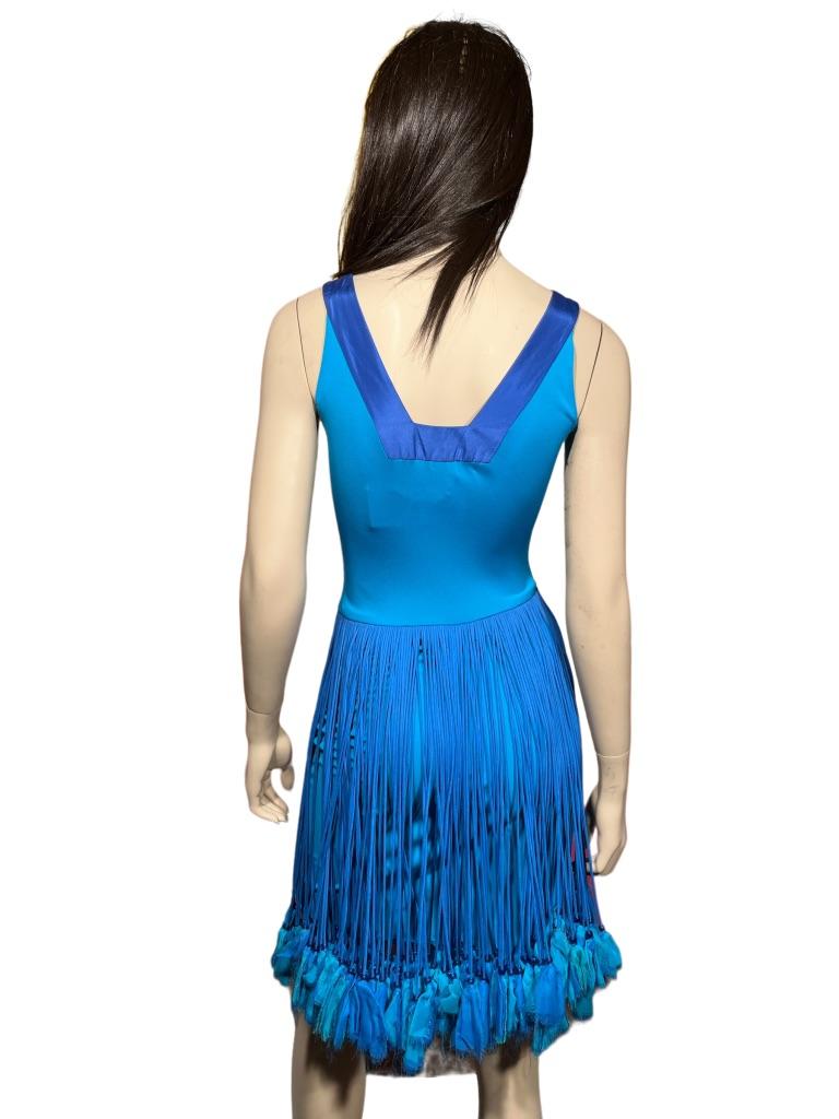 Stephen Burrows Bright Cerulean Blue Jersey, Taffeta and Chiffon Tassel Dress In Good Condition For Sale In Greenport, NY