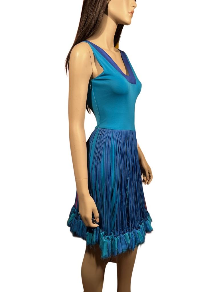 Stephen Burrows Bright Cerulean Blue Jersey, Taffeta and Chiffon Tassel Dress For Sale 1