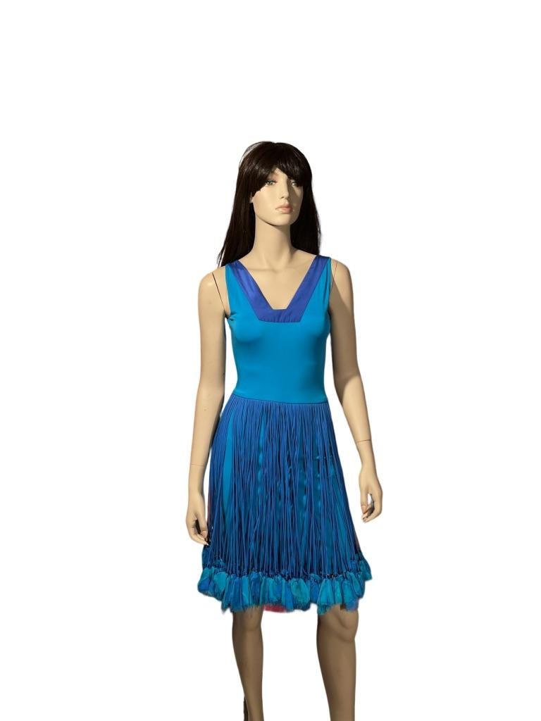 Stephen Burrows Bright Cerulean Blue Jersey, Taffeta and Chiffon Tassel Dress For Sale 2