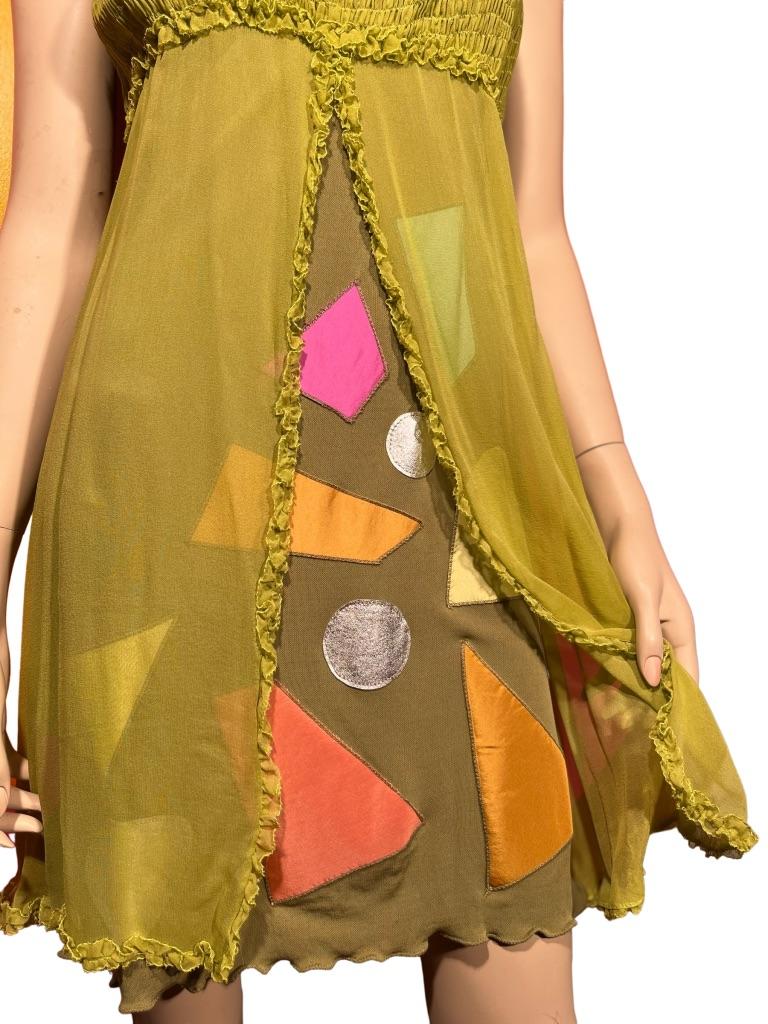 Stephen Burrows Chartreuse Chiffon Abstract Shape Shift Dress For Sale 3
