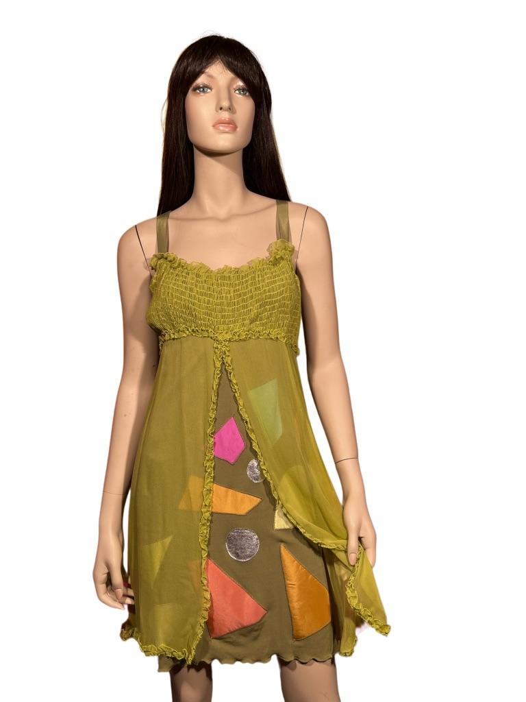 Stephen Burrows Chartreuse Chiffon Abstract Shape Shift Dress For Sale 4