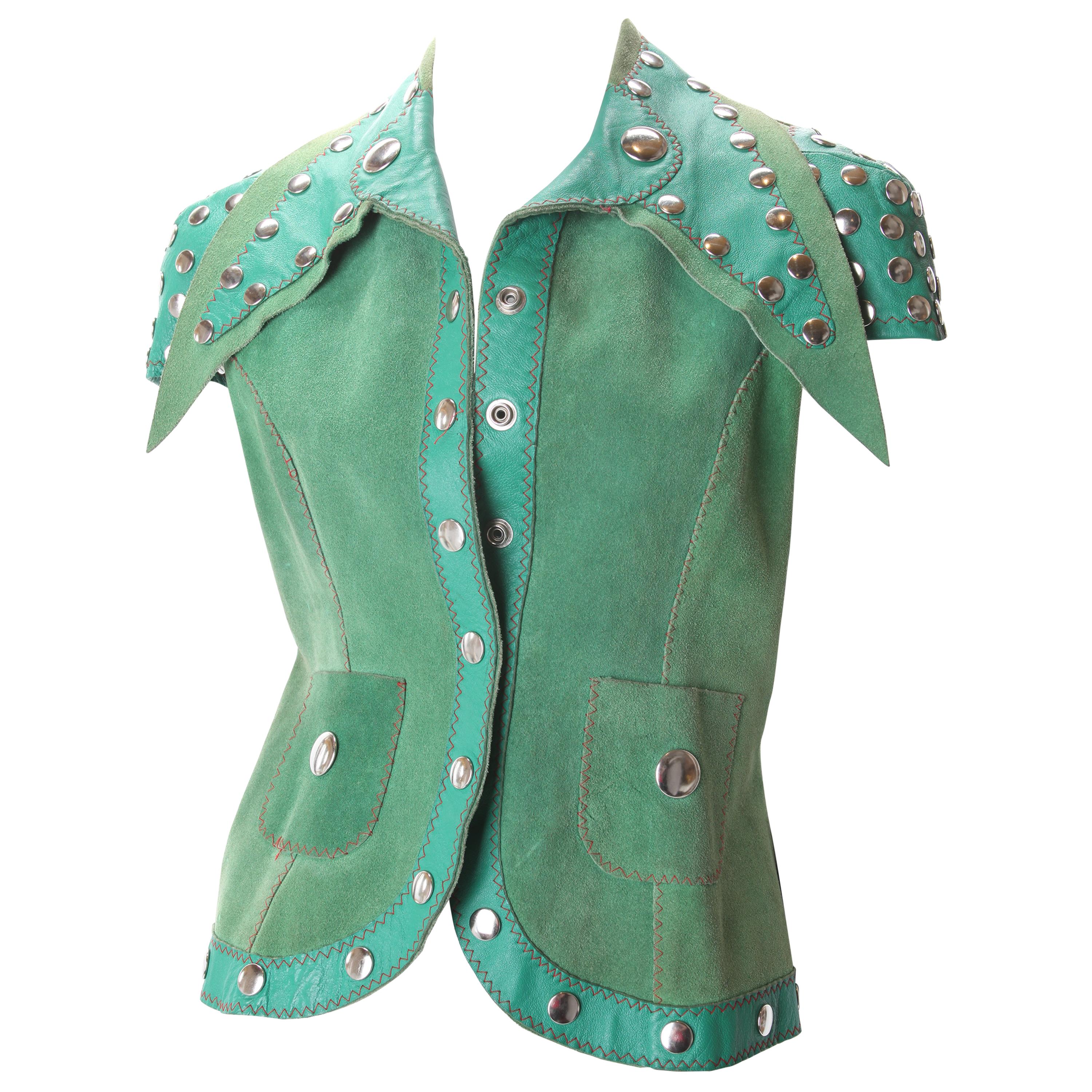 Stephen Burrows Green Suede & Leather Studded Vest, c.1970s.