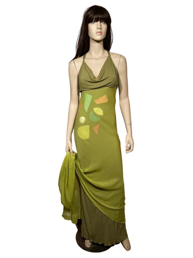 Stephen Burrows Limonengrünes Kleid aus mehrlagigem Chiffon und Jersey (Grün) im Angebot