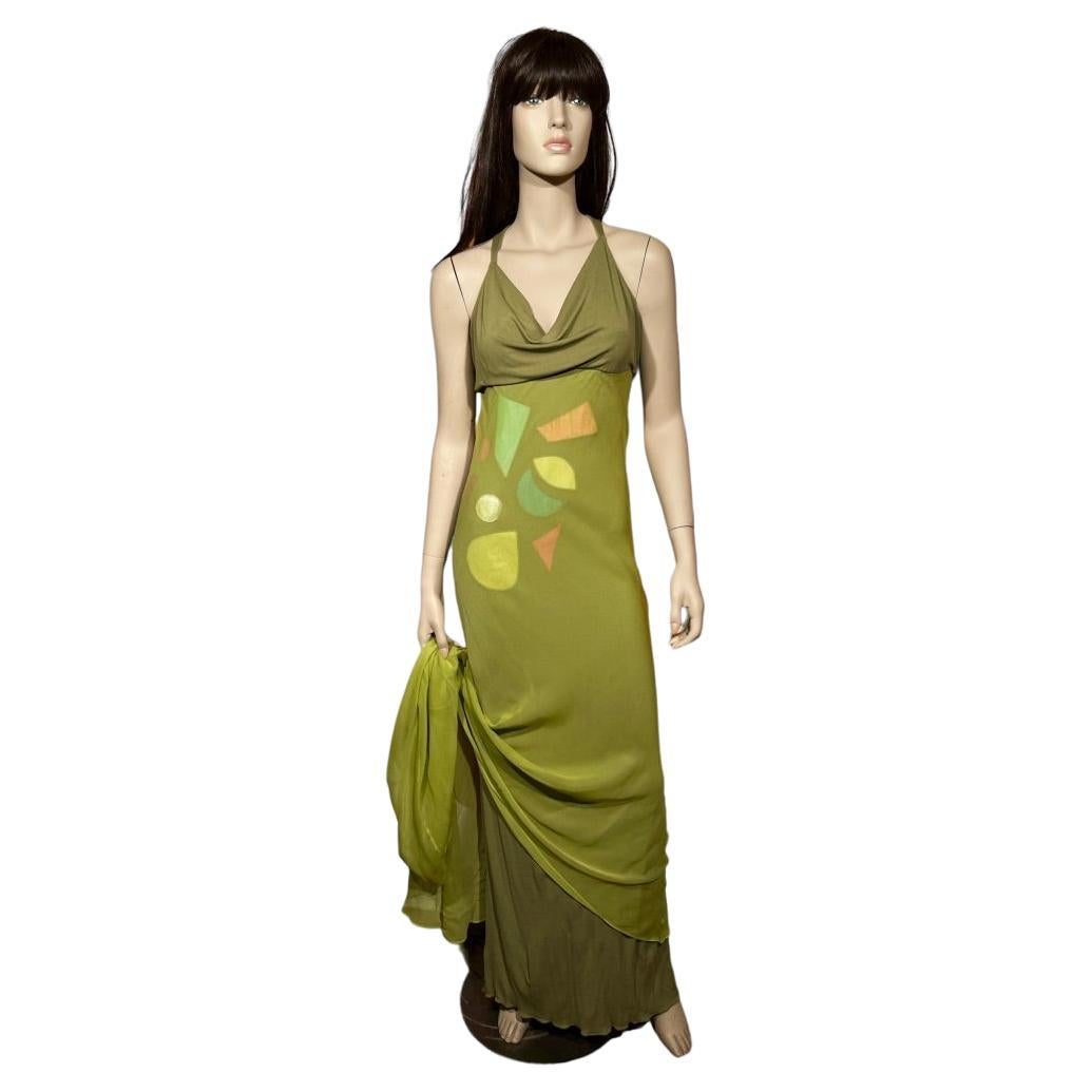 Stephen Burrows Lime Green Layered Chiffon & Jersey Gown
