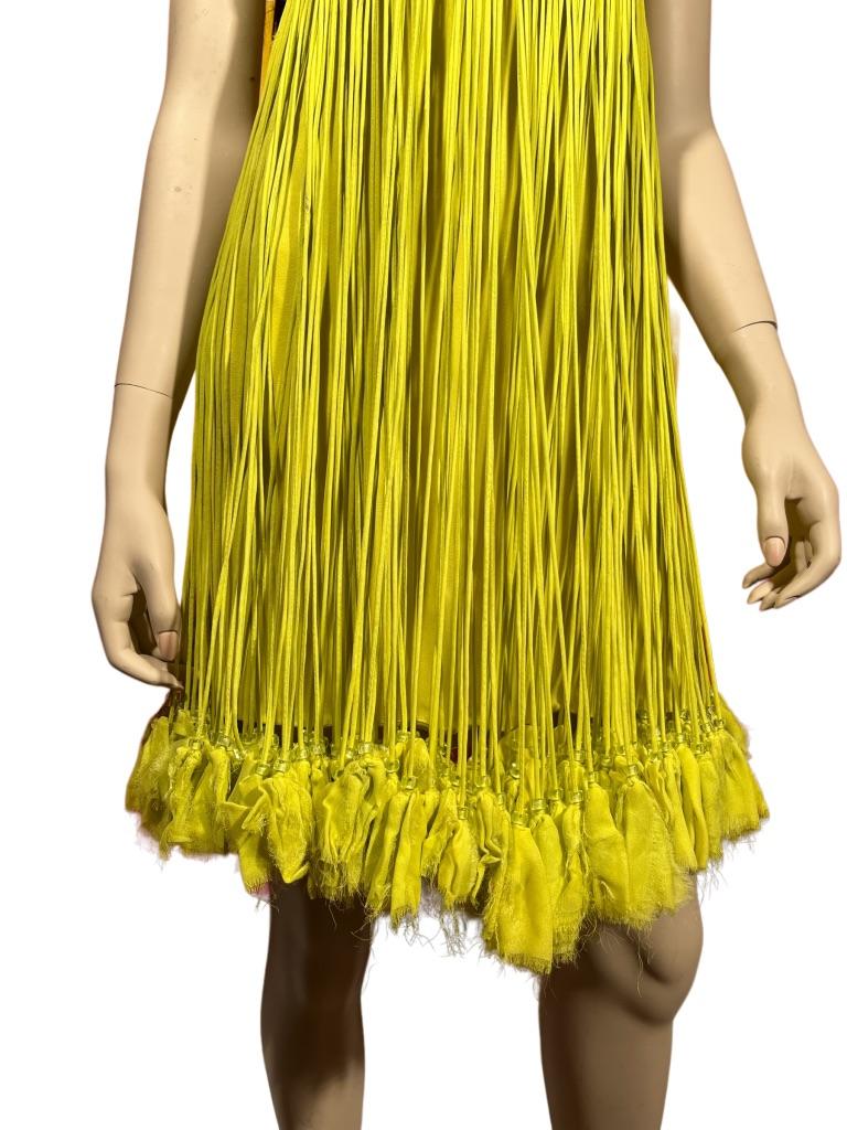 Stephen Burrows Neon Chartreuse Silk Chiffon Tassel Dress For Sale 1