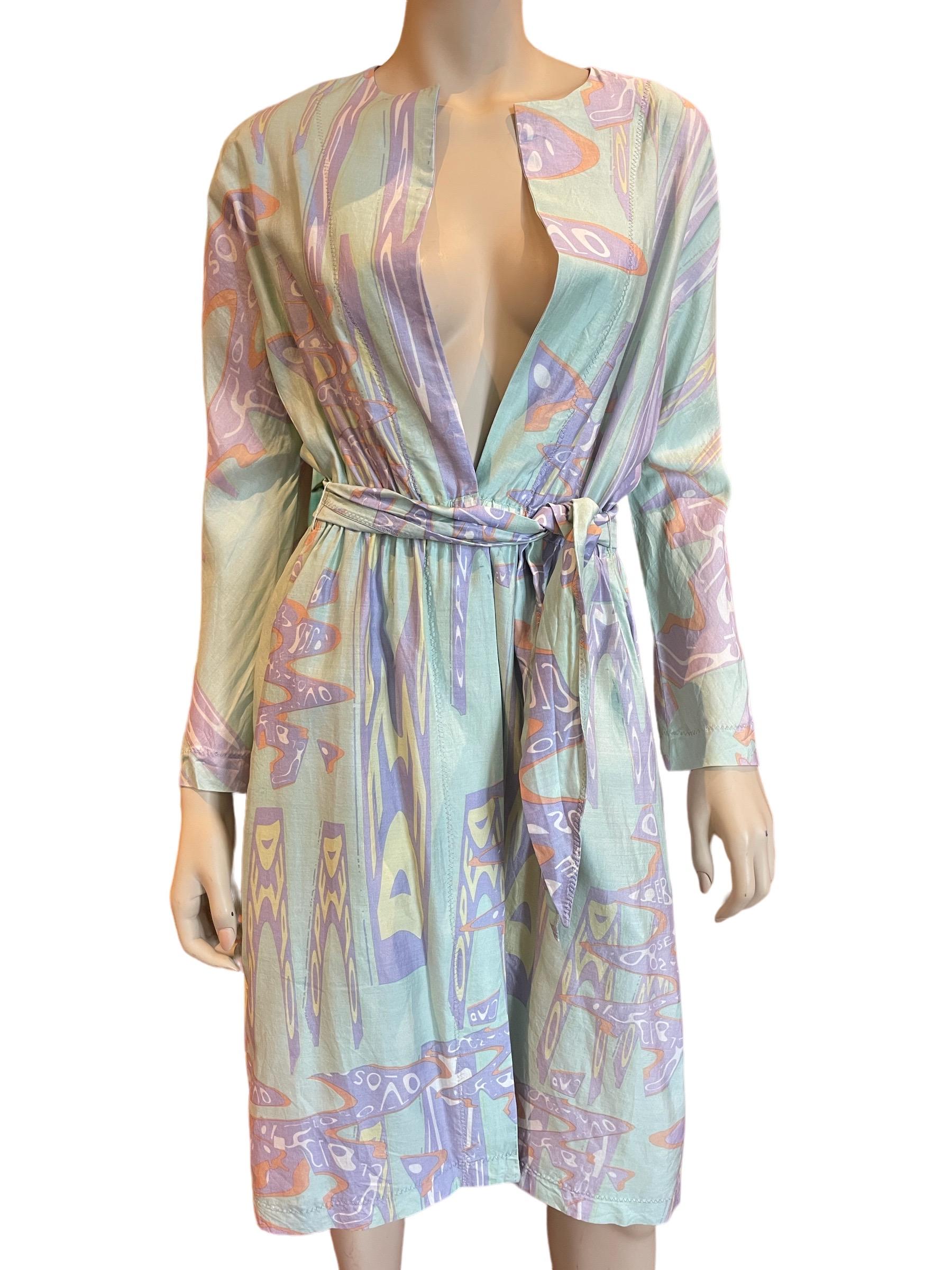 Stephen Burrows Pastel Abstract Print Silk Long Sleeve Wrap Dress with Belt  

Bust: 36