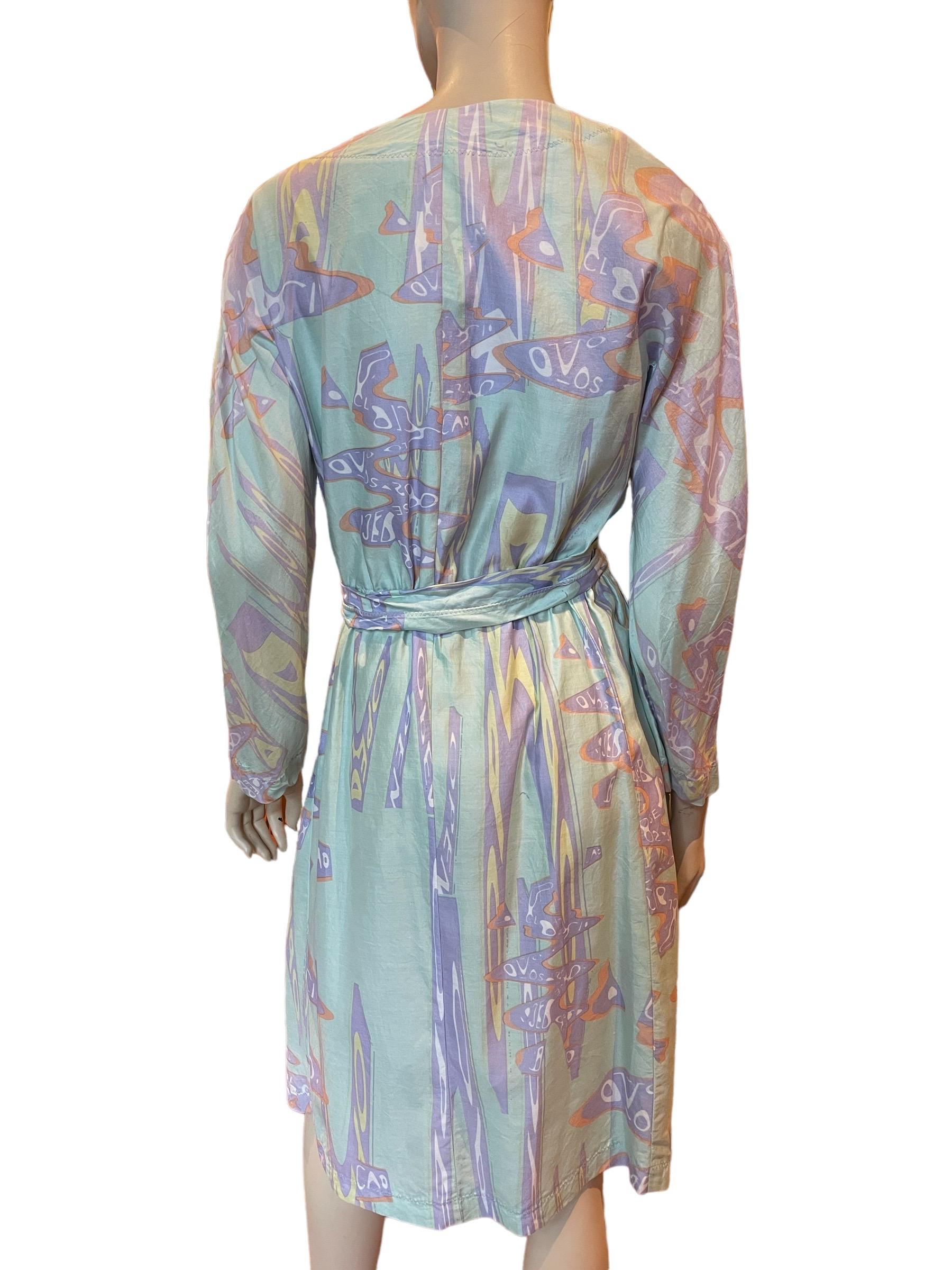 Stephen Burrows Pastel Abstract Print Silk Long Sleeve Wrap Dress with Belt   In Good Condition For Sale In Greenport, NY