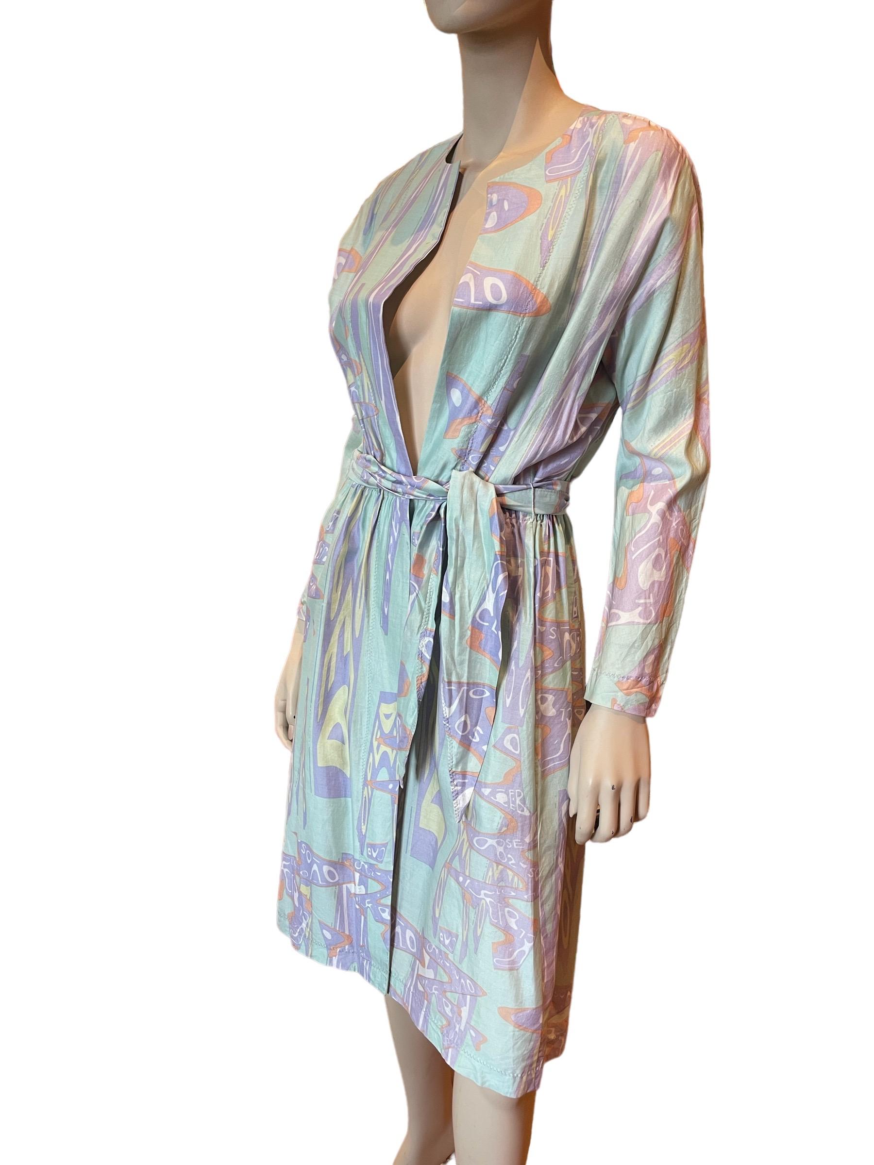 Women's or Men's Stephen Burrows Pastel Abstract Print Silk Long Sleeve Wrap Dress with Belt   For Sale