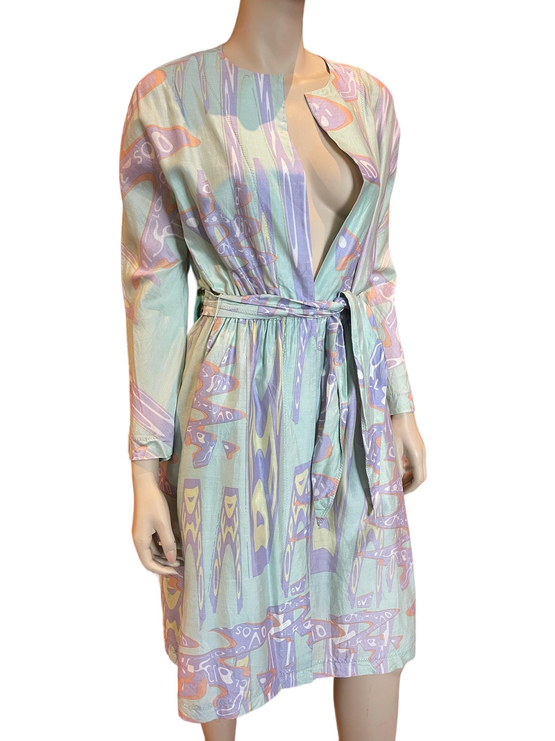 Stephen Burrows Pastel Abstract Print Silk Long Sleeve Wrap Dress with Belt   For Sale 1