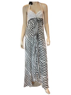 Stephen Burrows Zebra Print Silk Chiffon Maxi Halter Dress with Bejeweled Bust