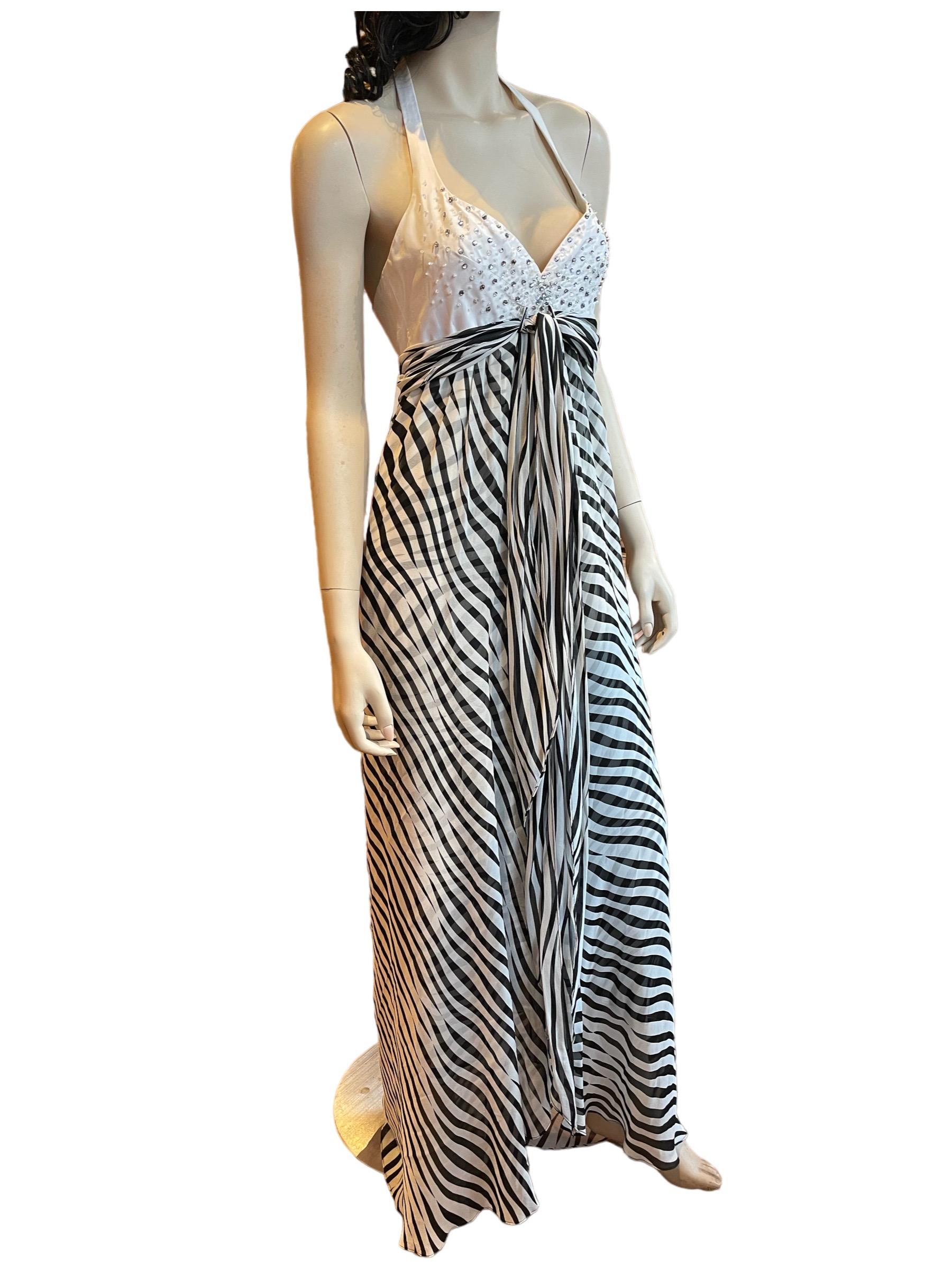 Gray Stephen Burrows Zebra Print Silk Chiffon Maxi Halter Dress with Bejeweled Bust For Sale