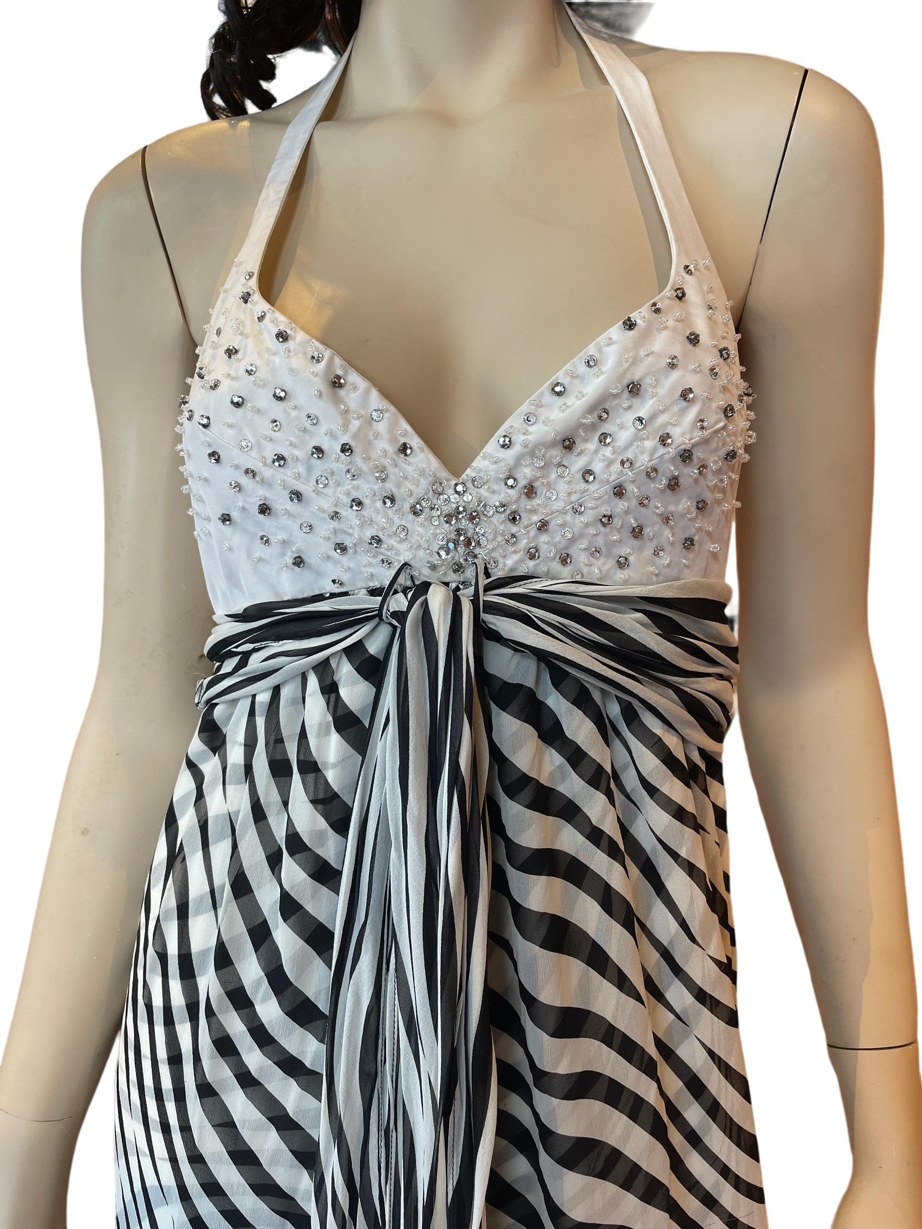 Stephen Burrows Zebra Print Silk Chiffon Maxi Halter Dress with Bejeweled Bust In Good Condition For Sale In Greenport, NY
