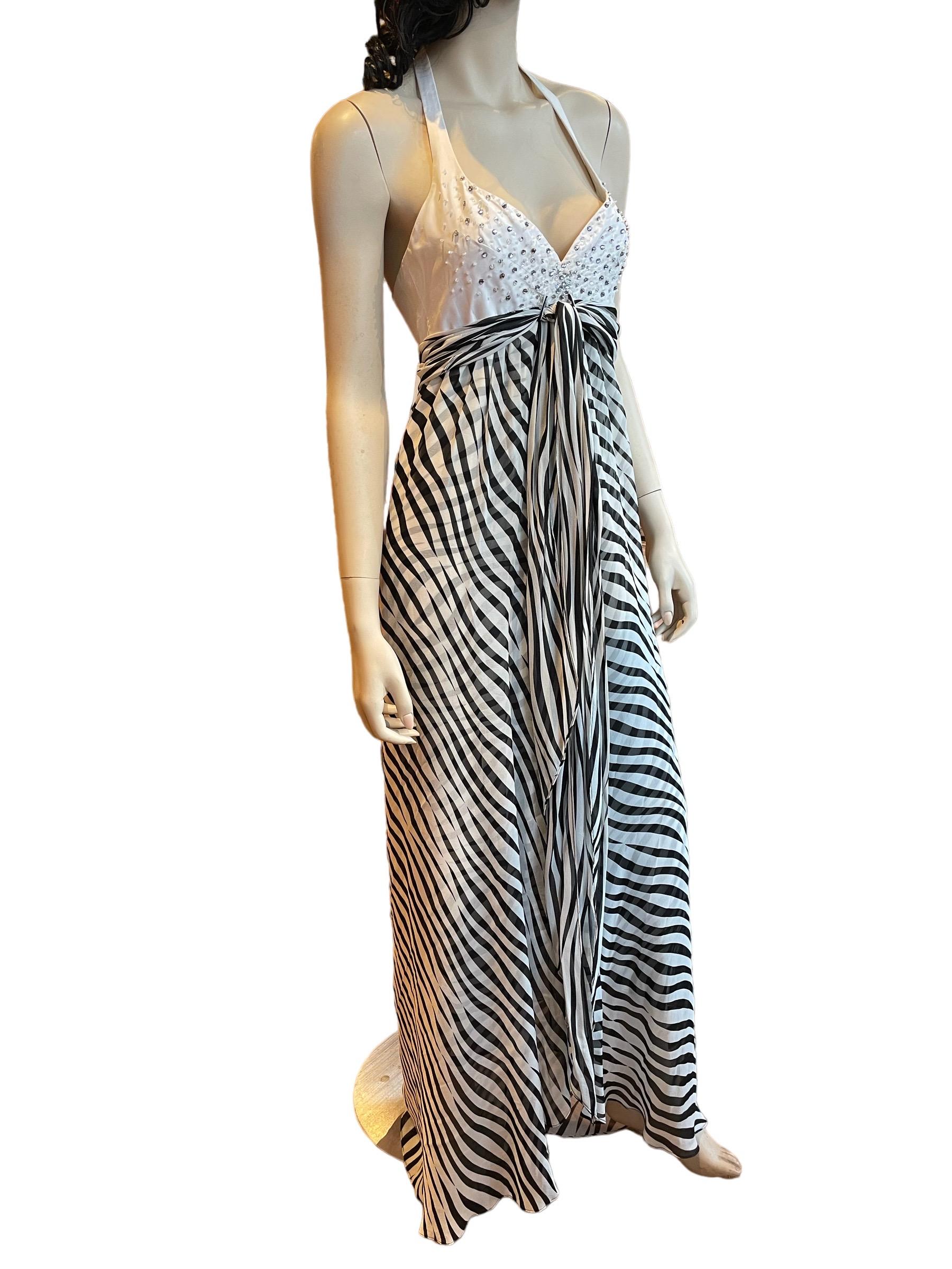 Stephen Burrows Zebra Print Silk Chiffon Maxi Halter Dress with Bejeweled Bust For Sale 1